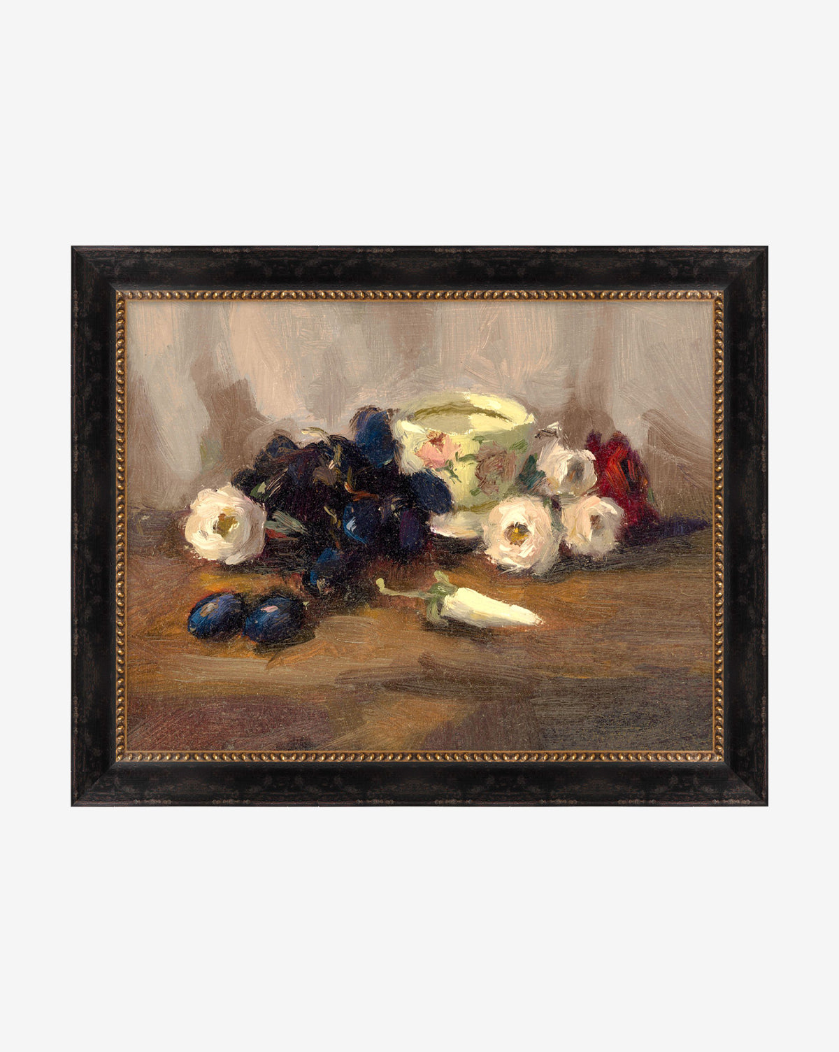 Tableside by Joyce Washor is a romantic still life on gallery-wrapped canvas, depicting a bowl with flowers, grapes, onions, and produce on wood in soft colors with impressionist brushstrokes, by McGee & Co.