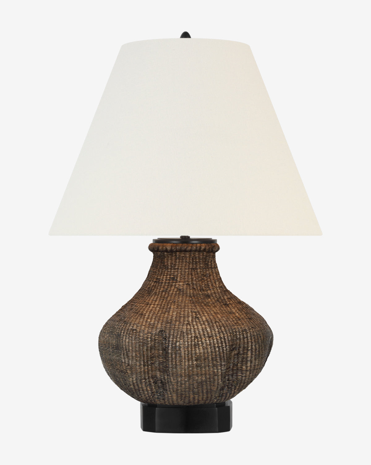 The Visual Comfort & Co. Signature Tahiti Table Lamp features a textured brown seagrass woven base and a large white linen shade, displayed against a plain white background, Vendixs