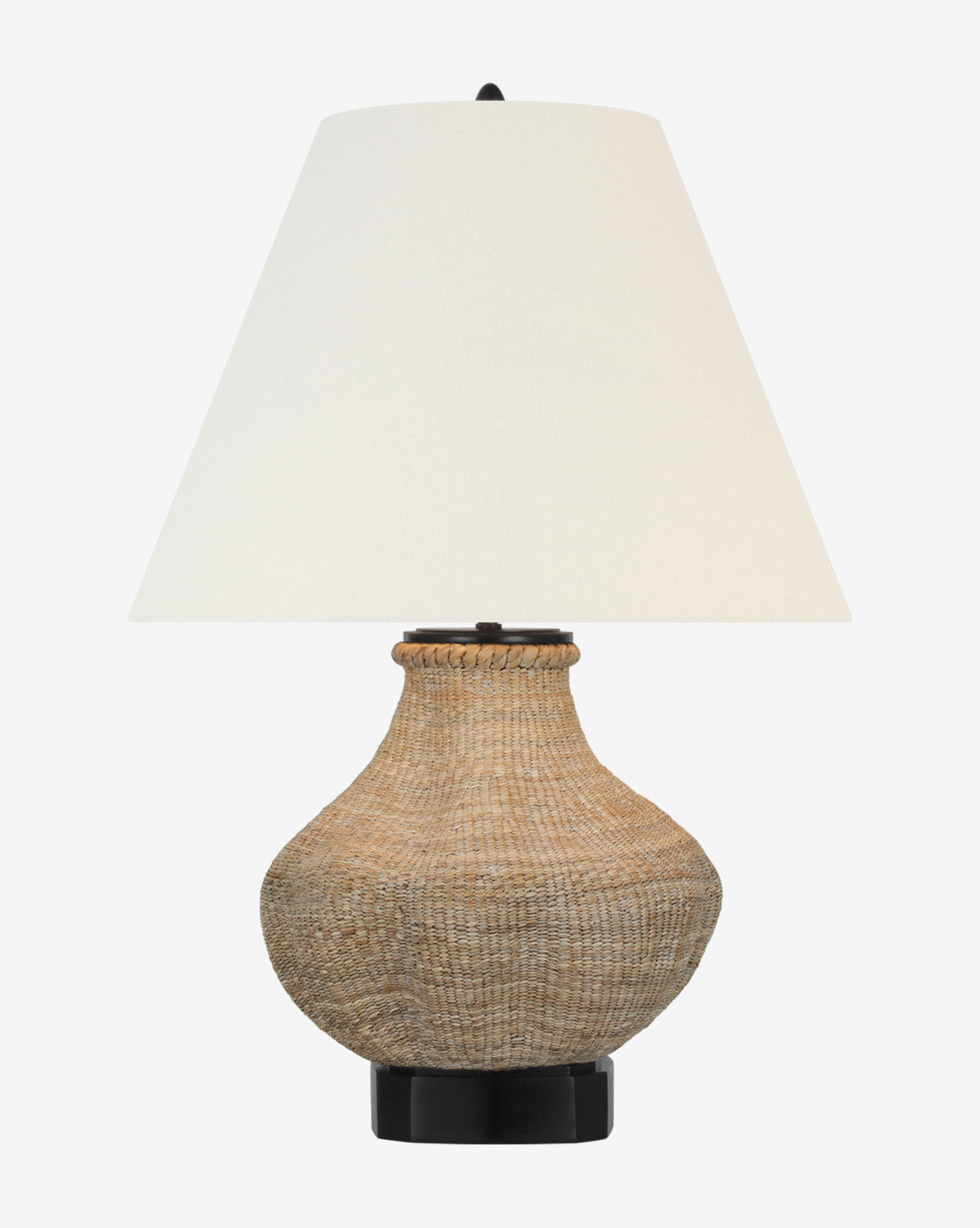 The Tahiti Table Lamp showcases a wide, textured woven rattan base topped with a large white linen shade, all set against a plain white background, by Vendixs