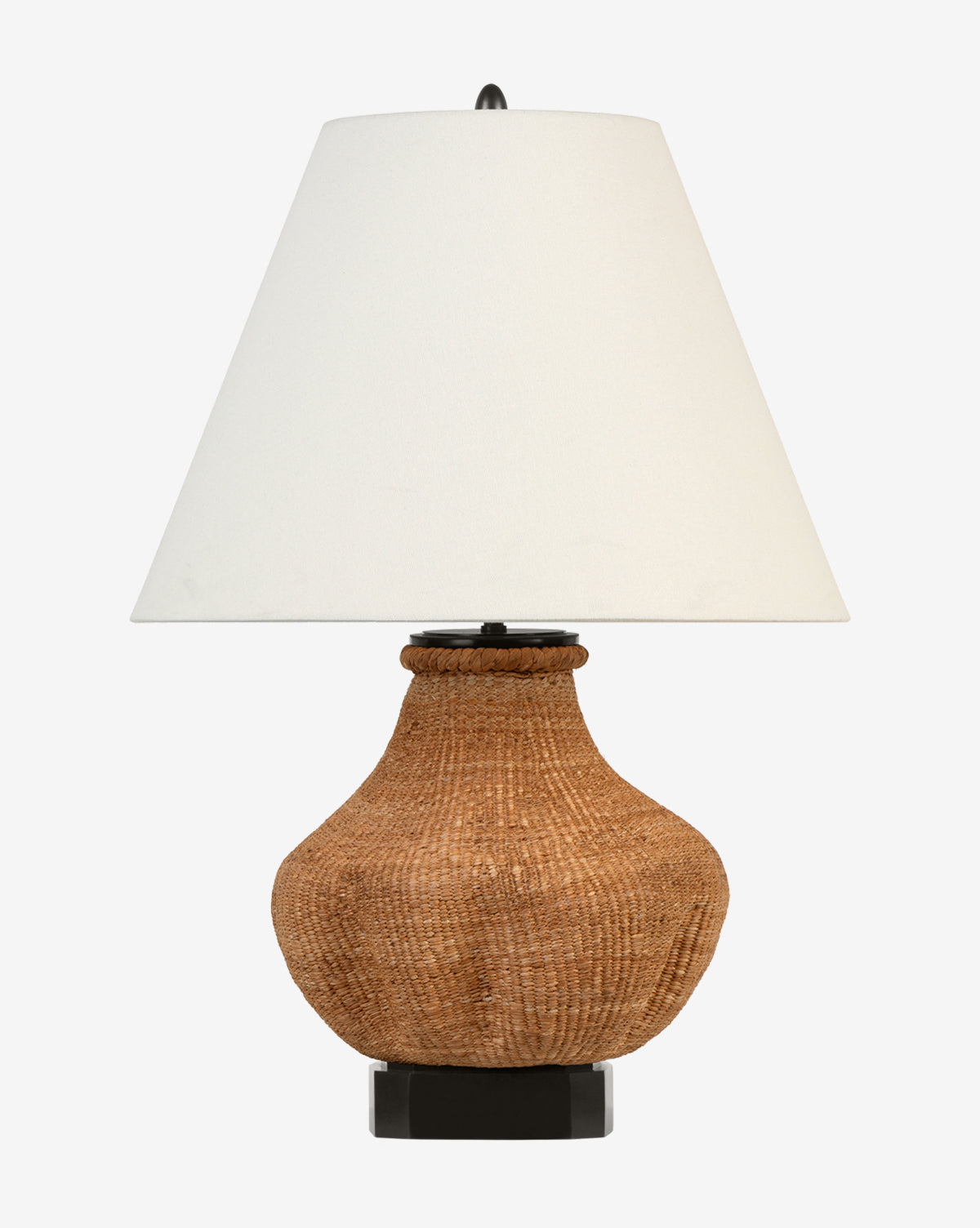 The Tahiti Table Lamp features a textured, light brown seagrass woven base and a wide linen shade, shown against a plain white background, by Vendixs