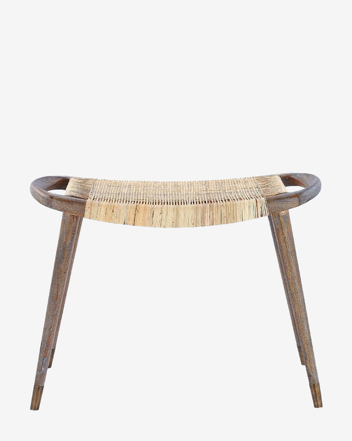 The Tallulah Stool by Villa & House, LLC is a mahogany bench with three legs, a curved handwoven cane seat, and two open handles at each end, shown on a plain white background. Vendixs
