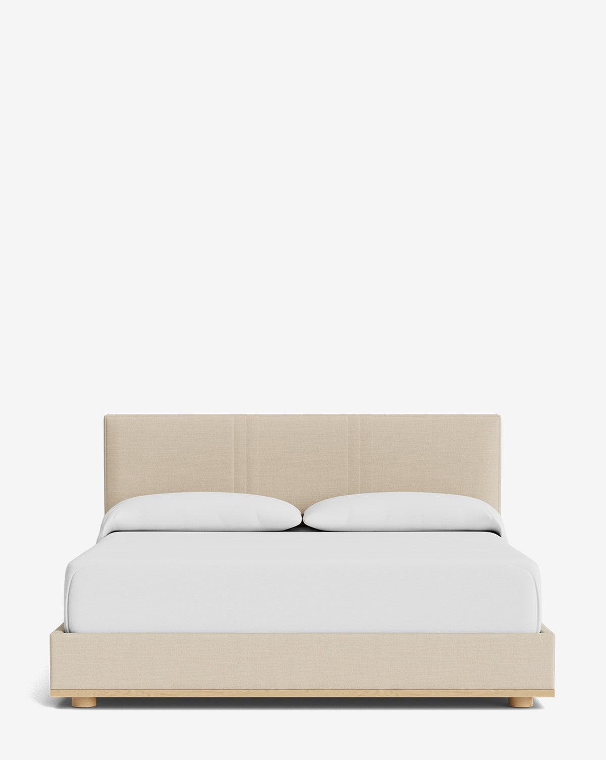 The Taylor Pleated Bed by Makerspalm, featuring beige designer fabric upholstery, a simple headboard, white bedding, and two pillows, is displayed front-facing against a plain white background. Vendixs
