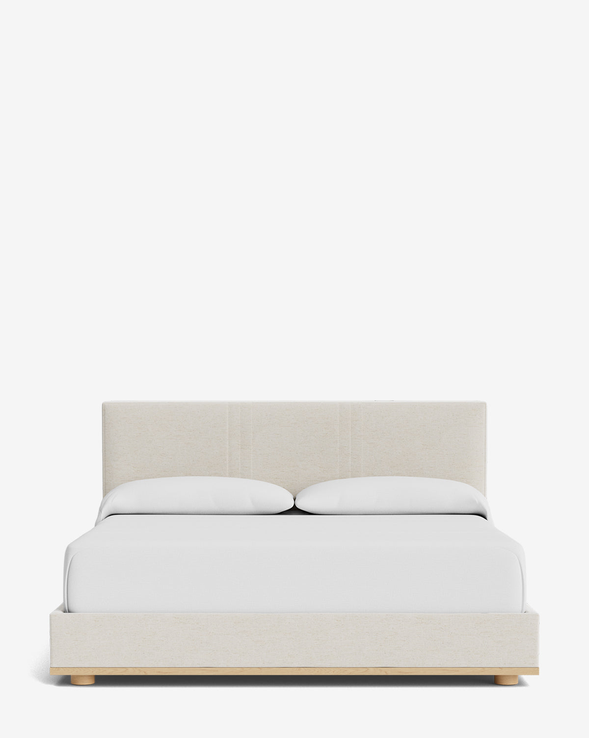 The Taylor Pleated Bed, featuring a beige designer fabric and rectangular headboard, is neatly made with white bedding and two white pillows, set against a plain white background, by Vendixs