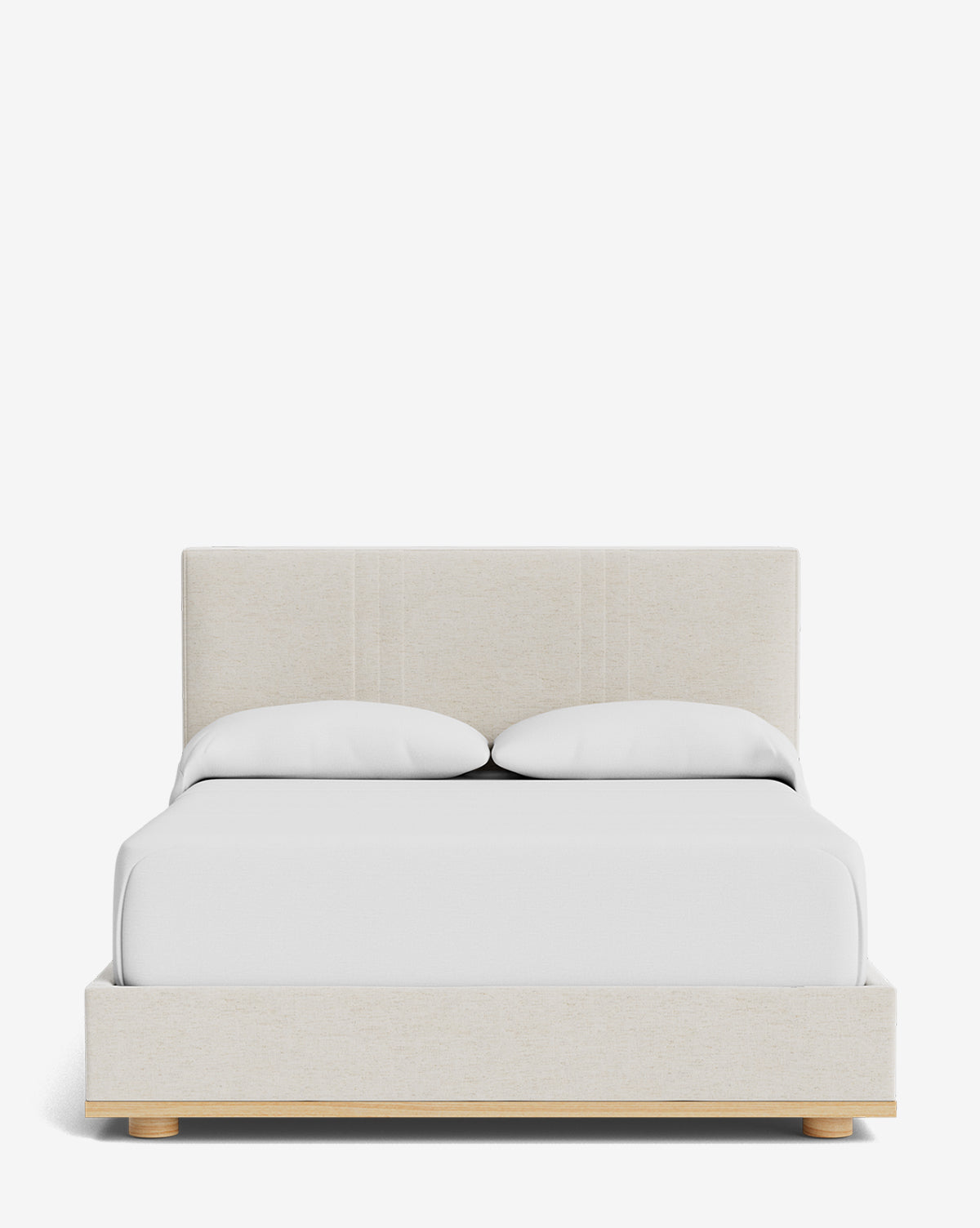 The Taylor Pleated Bed features a modern beige pleated design with a tall upholstered headboard, white bedding, and two pillows, displayed from the front against a plain white background by Vendixs