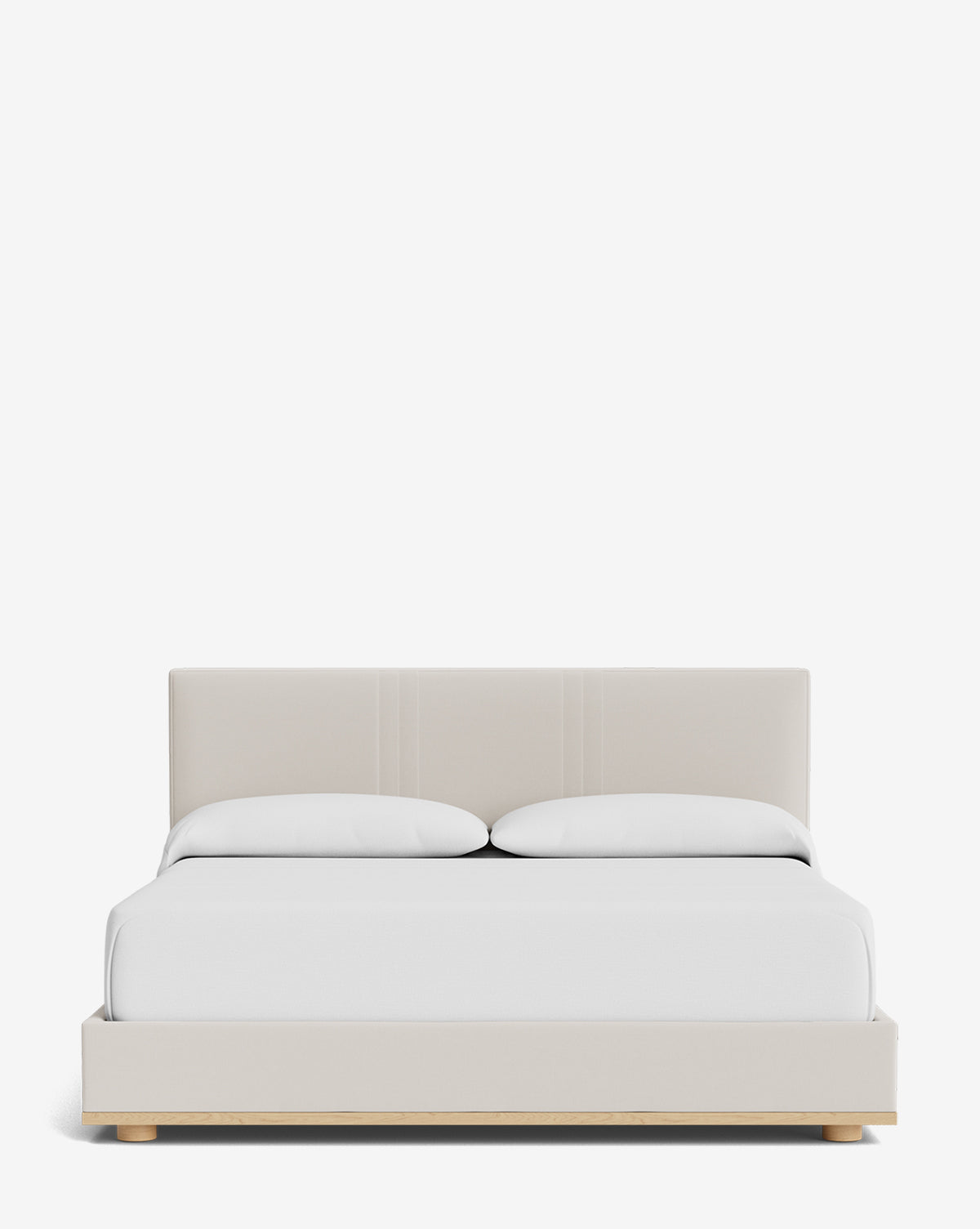 The Taylor Pleated Bed features a modern, minimalist design with a light beige upholstered headboard and frame, dressed in white bedding and pillows, set against a plain white background, by McGee & Co.