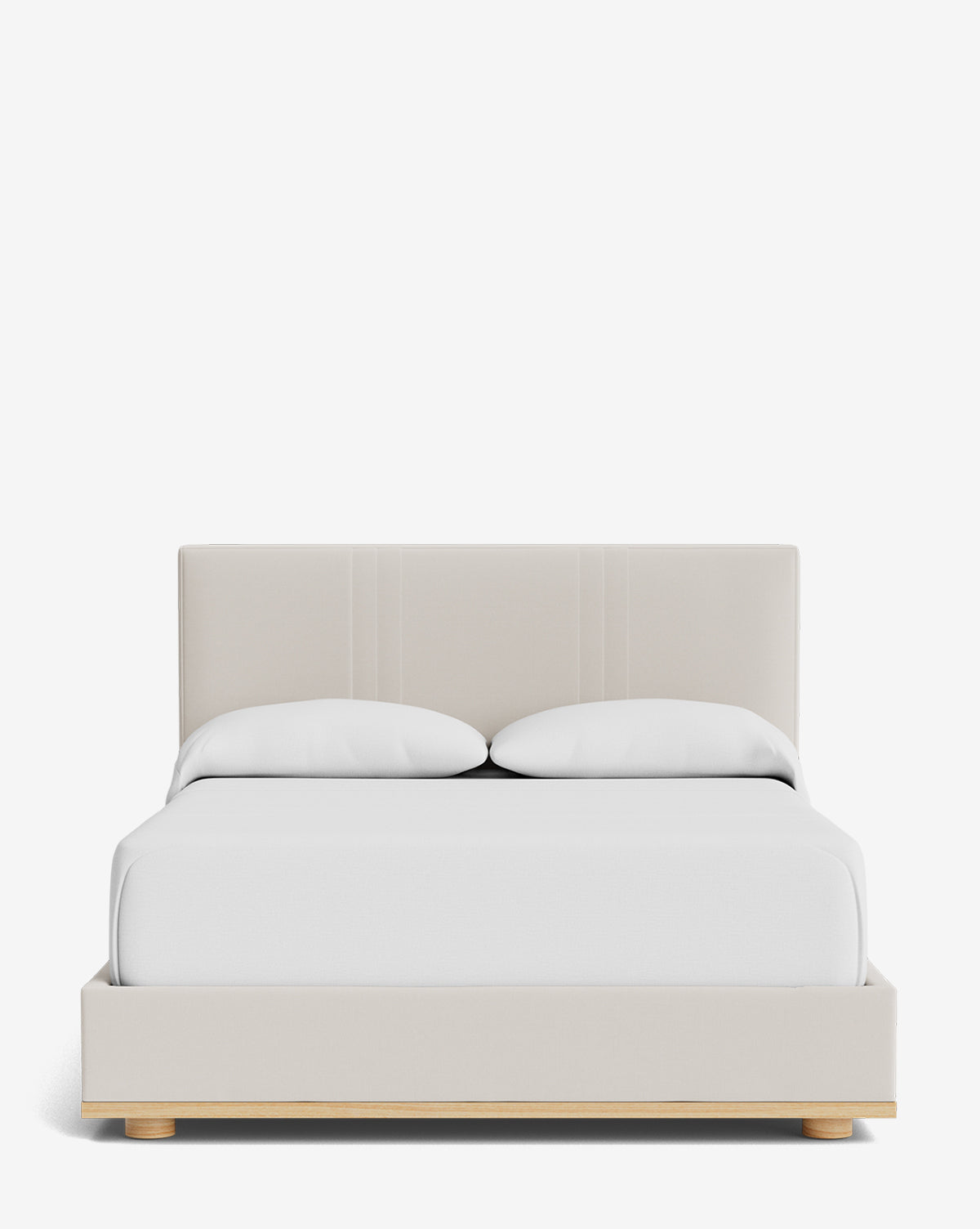 The Taylor Pleated Bed features a modern upholstered frame and headboard in light beige designer fabric, paired with two white pillows and a white blanket, all set against a plain white background, by Vendixs