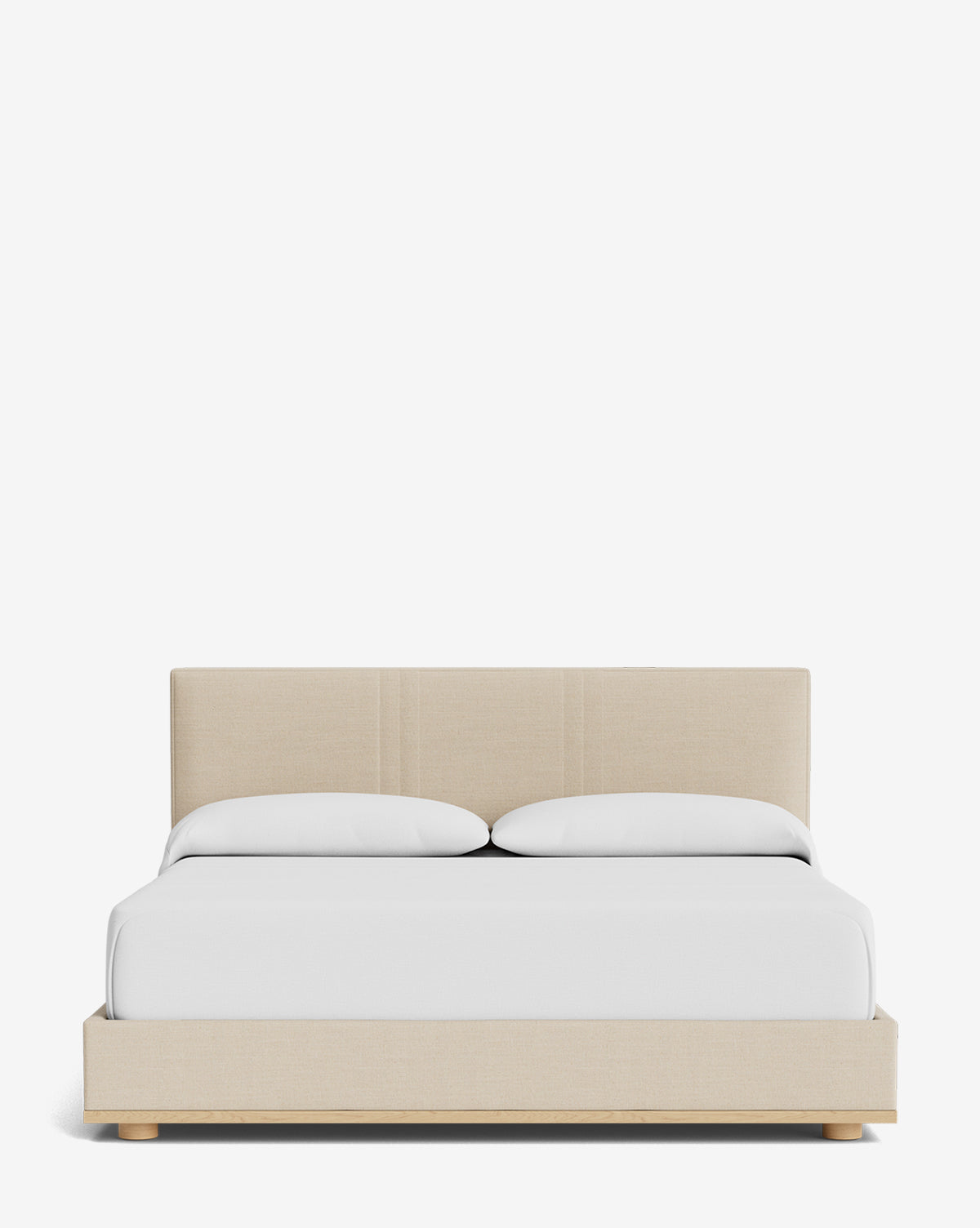 The Taylor Pleated Bed, featuring beige designer fabric upholstery, a rectangular headboard, white bedding, and two pillows, is displayed against a plain white background by McGee & Co.