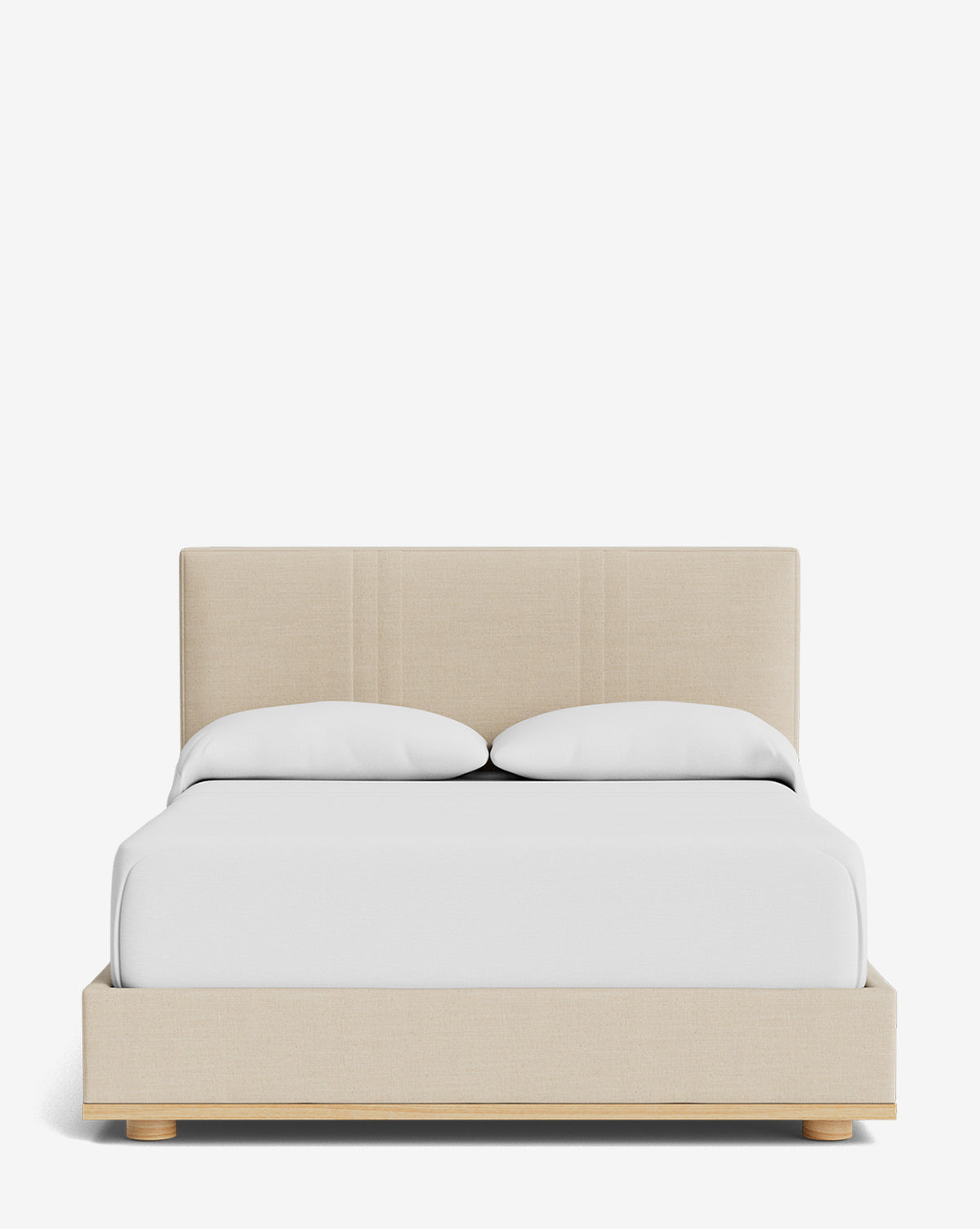 The Taylor Pleated Bed features a modern beige pleated design with a simple upholstered headboard, dressed in white bedding and two pillows, all set against a plain white background, by Vendixs
