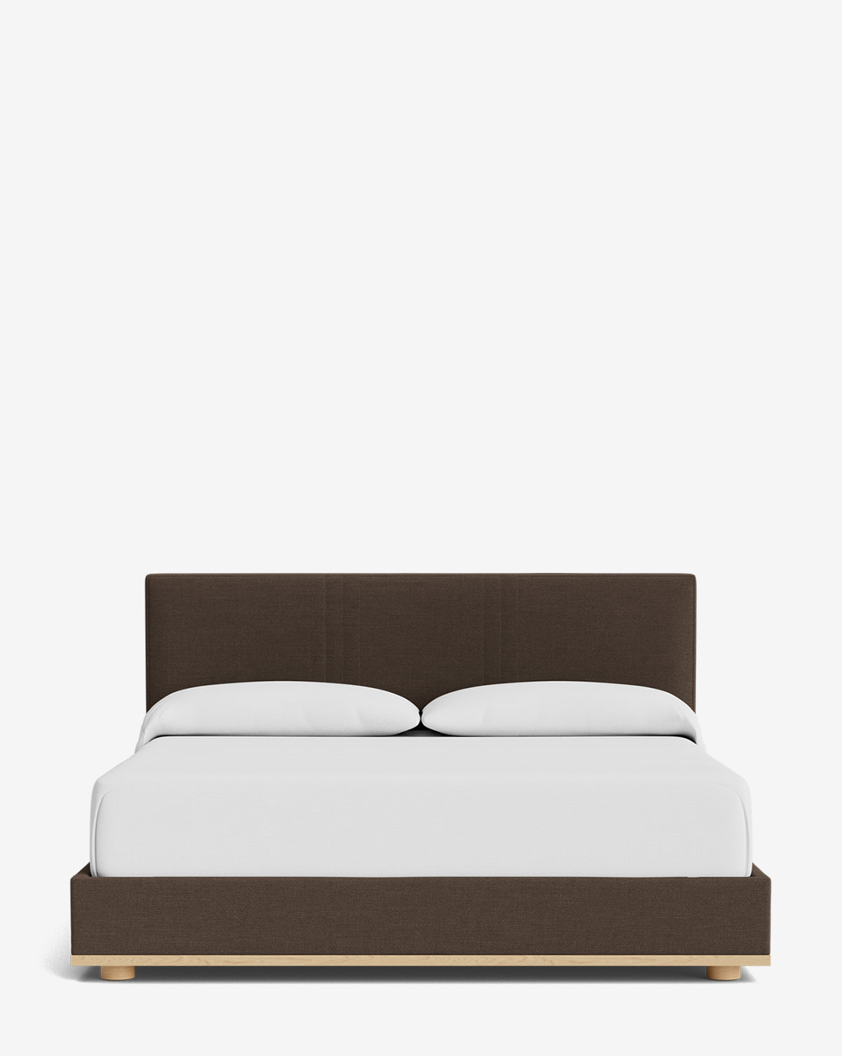 The Taylor Pleated Bed features a dark brown designer fabric headboard and frame, styled with crisp white bedding and pillows, all set against a simple white background, by Vendixs
