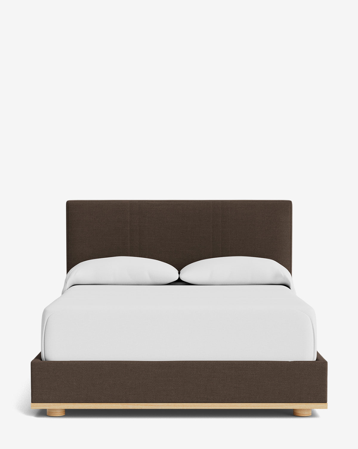 The Taylor Pleated Bed features a dark brown upholstered frame and headboard, white bedding with two pillows, and sits on a light wood base against a plain white background, by Vendixs