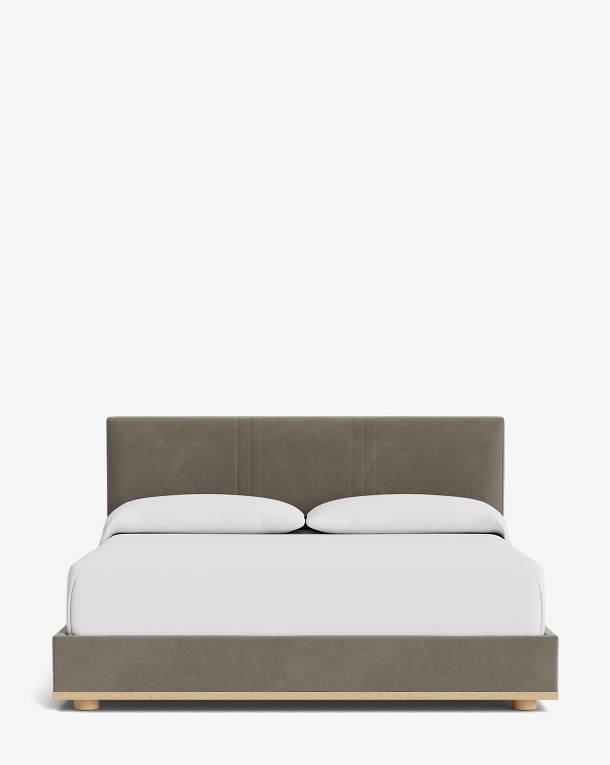 The Taylor Pleated Bed features a grey designer fabric upholstered headboard and frame with modern pleats, white bedding, two pillows, and short light wooden legs, showcased against a plain white background for a minimalist look by Vendixs