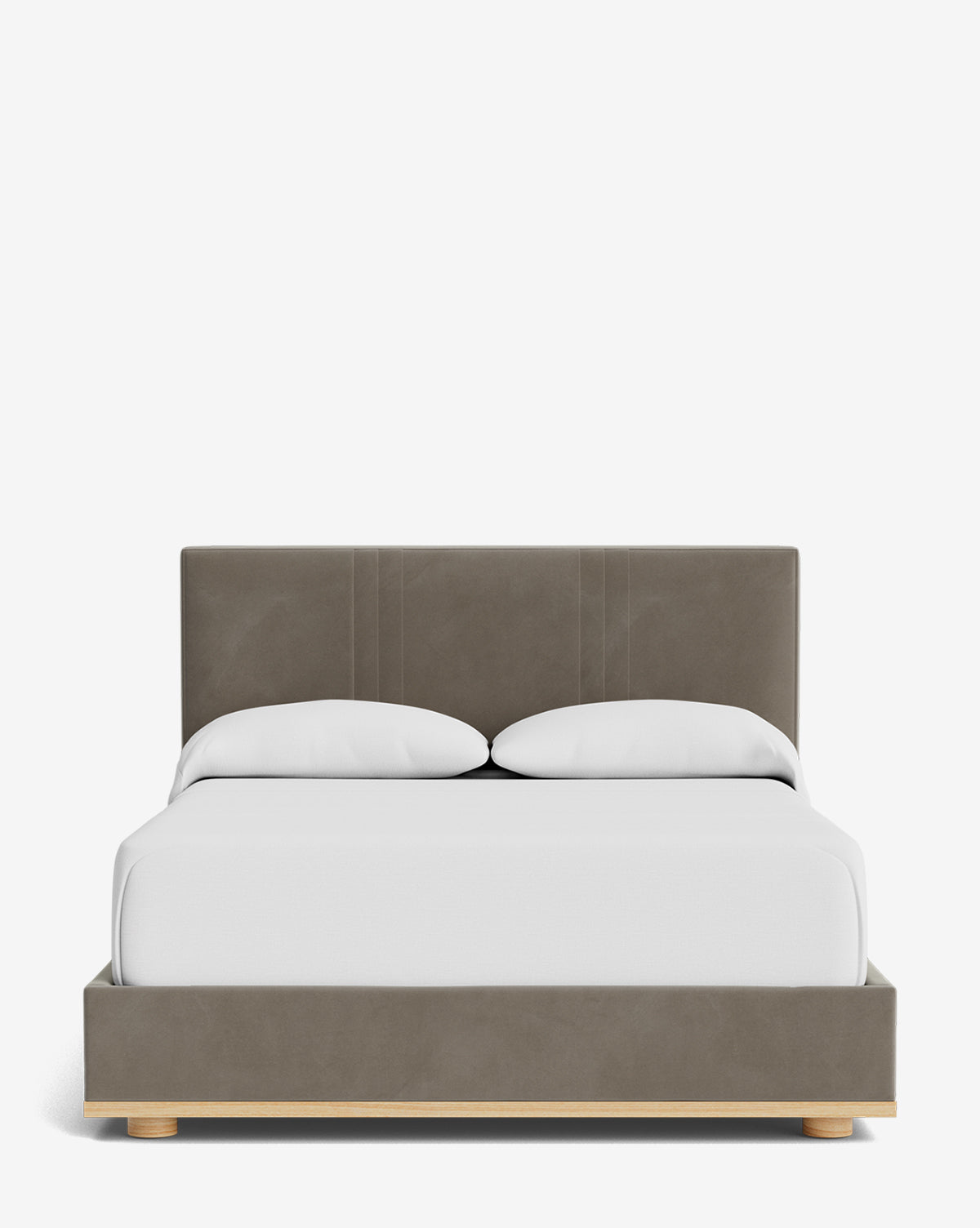 The Taylor Pleated Bed features a gray upholstered headboard and frame, light wooden legs, and white bedding with two pillows, all set against a plain white background by McGee & Co.