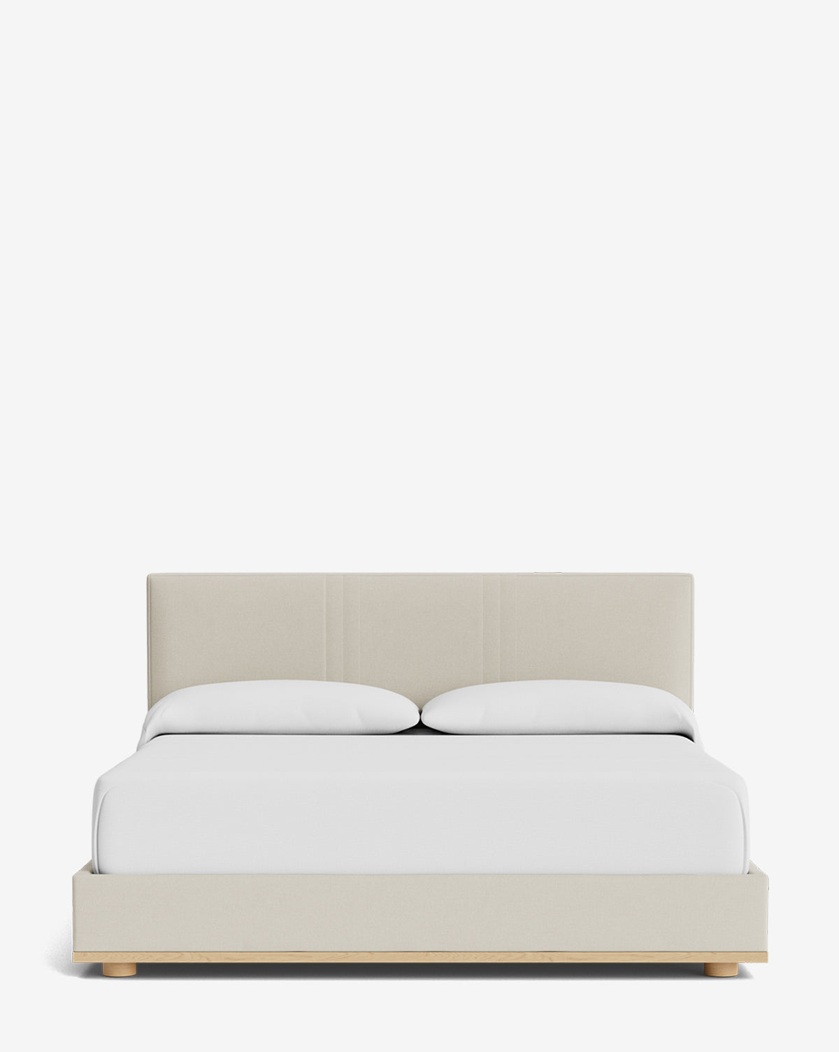 The Taylor Pleated Bed features a minimalist beige upholstered design with a rectangular headboard in designer fabric, complemented by white bedding and two pillows, all set against a plain white background, by Vendixs