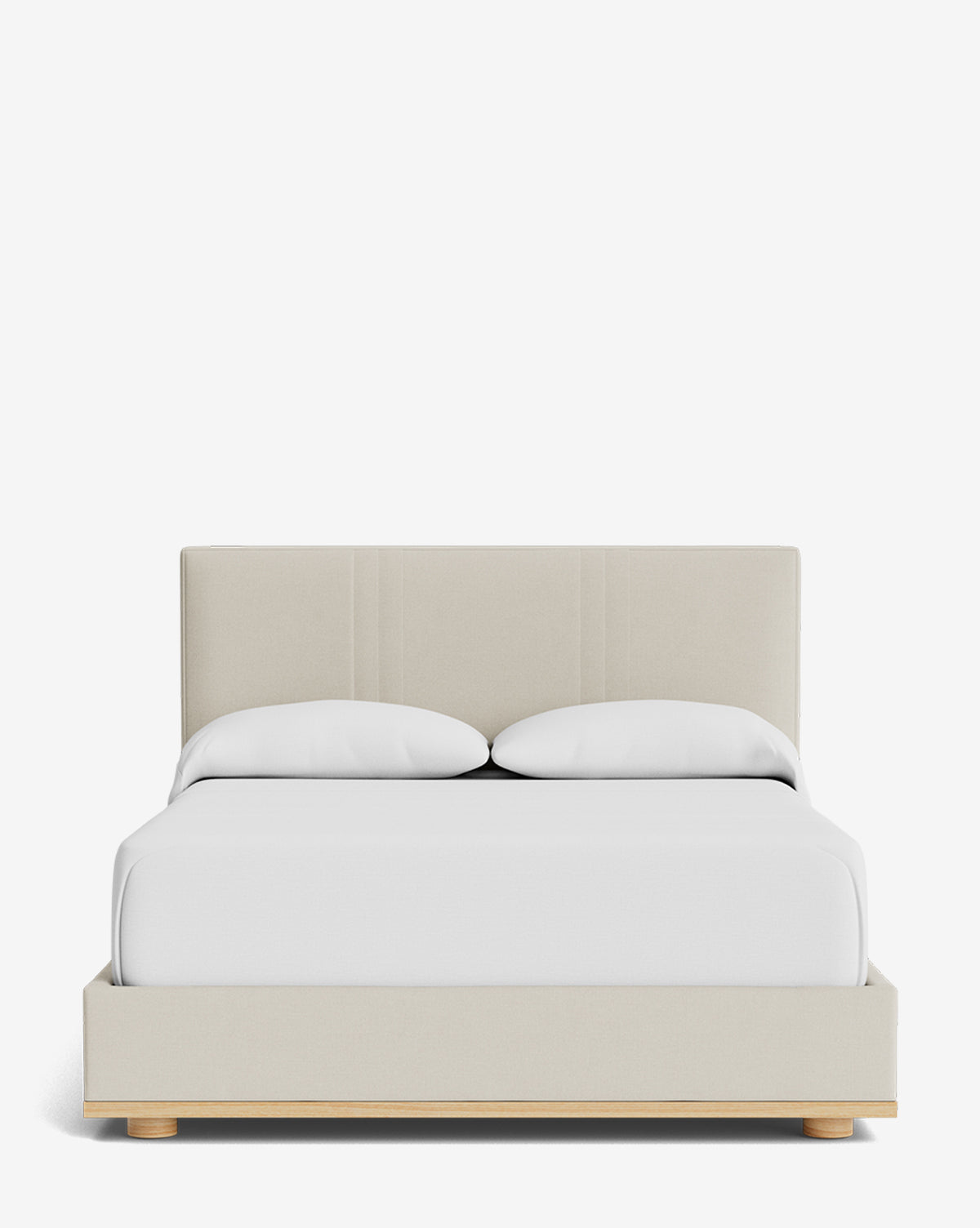 The Taylor Pleated Bed features a modern, minimalist design with a beige upholstered headboard and frame, white bedding, and two pillows. Shown from the front against a plain white background by McGee & Co.