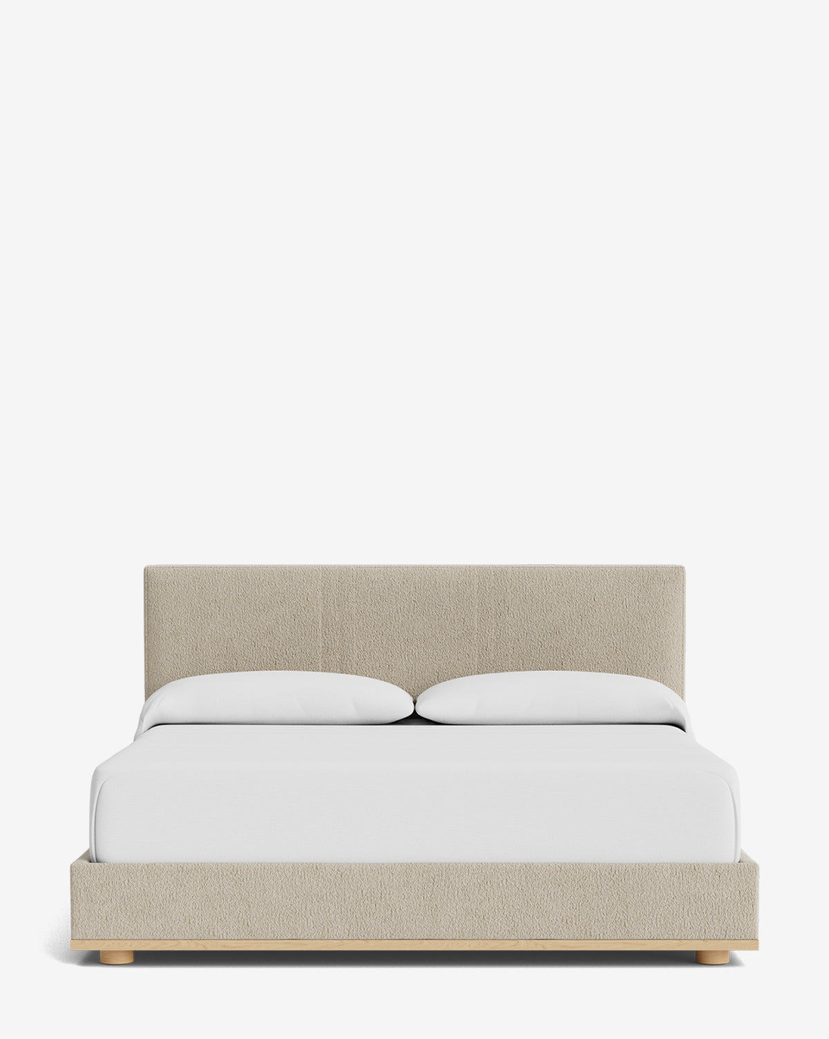 The Taylor Pleated Bed features modern beige upholstery with a low headboard in designer fabric, white bedding, and two pillows, displayed against a plain white background, by Vendixs