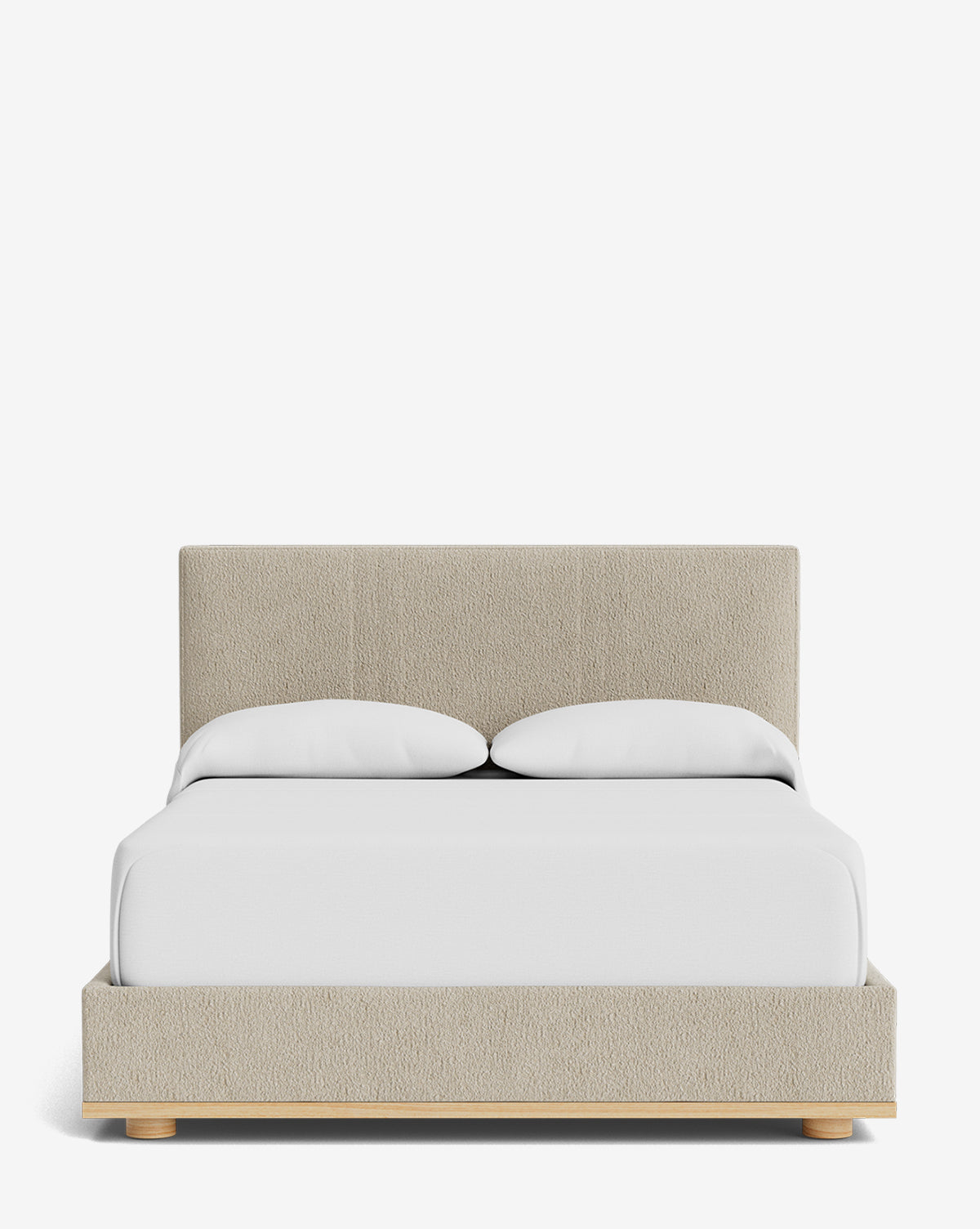 The Taylor Pleated Bed features a modern beige upholstered headboard and frame with pleated detailing, topped with white bedding and two pillows, set against a plain white background, by McGee & Co.