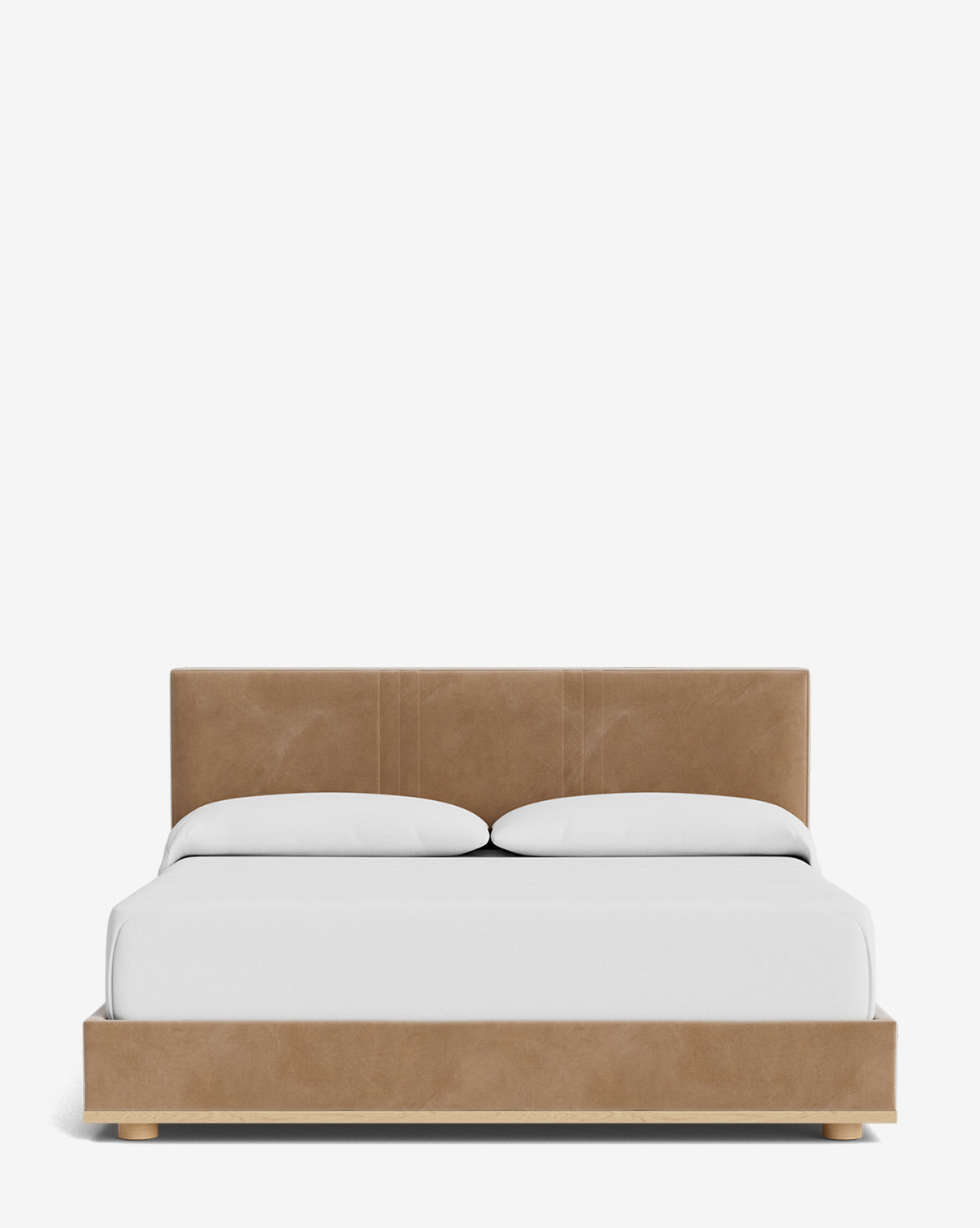 The Taylor Pleated Bed features a light brown designer fabric frame and headboard, complemented by white bedding and two pillows, all set against a plain white background, by Vendixs