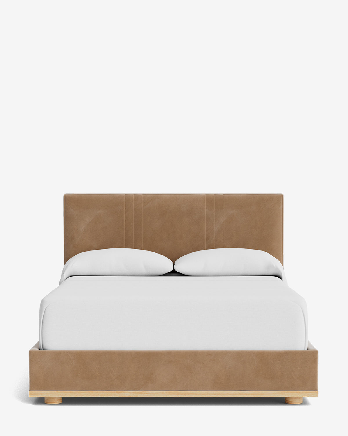 The Taylor Pleated Bed features a minimalist design with a light brown designer fabric frame and headboard, neatly made with white bedding and two white pillows, set against a plain white background, by Vendixs