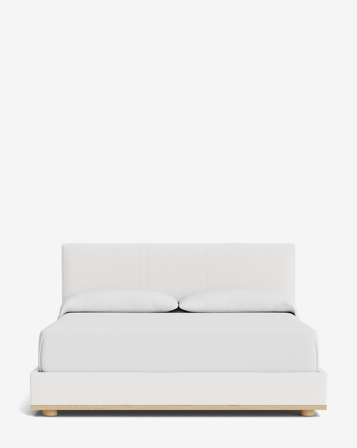 The Taylor Pleated Bed features a modern, minimalist design with a white upholstered headboard in designer fabric, crisp white bedding, two pillows, and sits on a light wooden base against a plain white background, by McGee & Co.
