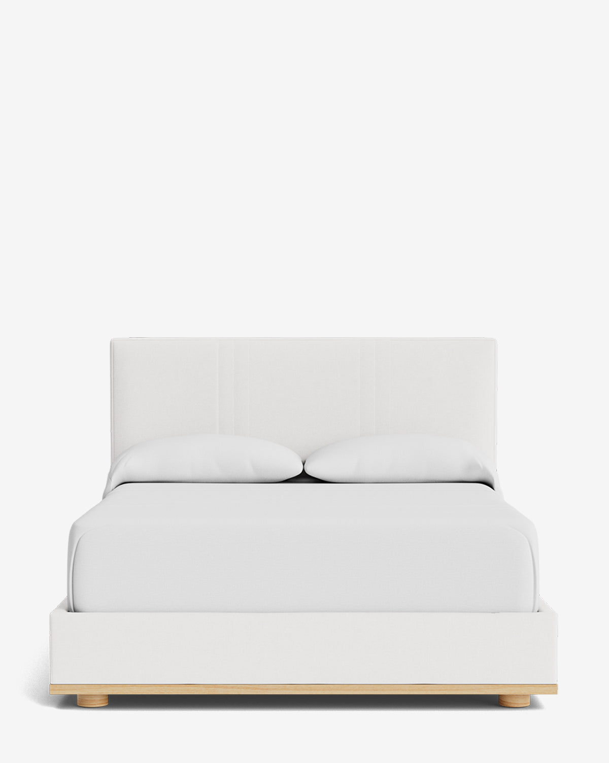 The Taylor Pleated Bed features a modern, minimalist design with a white designer fabric headboard and base, two pillows, and light wooden legs, displayed against a plain white background by Vendixs