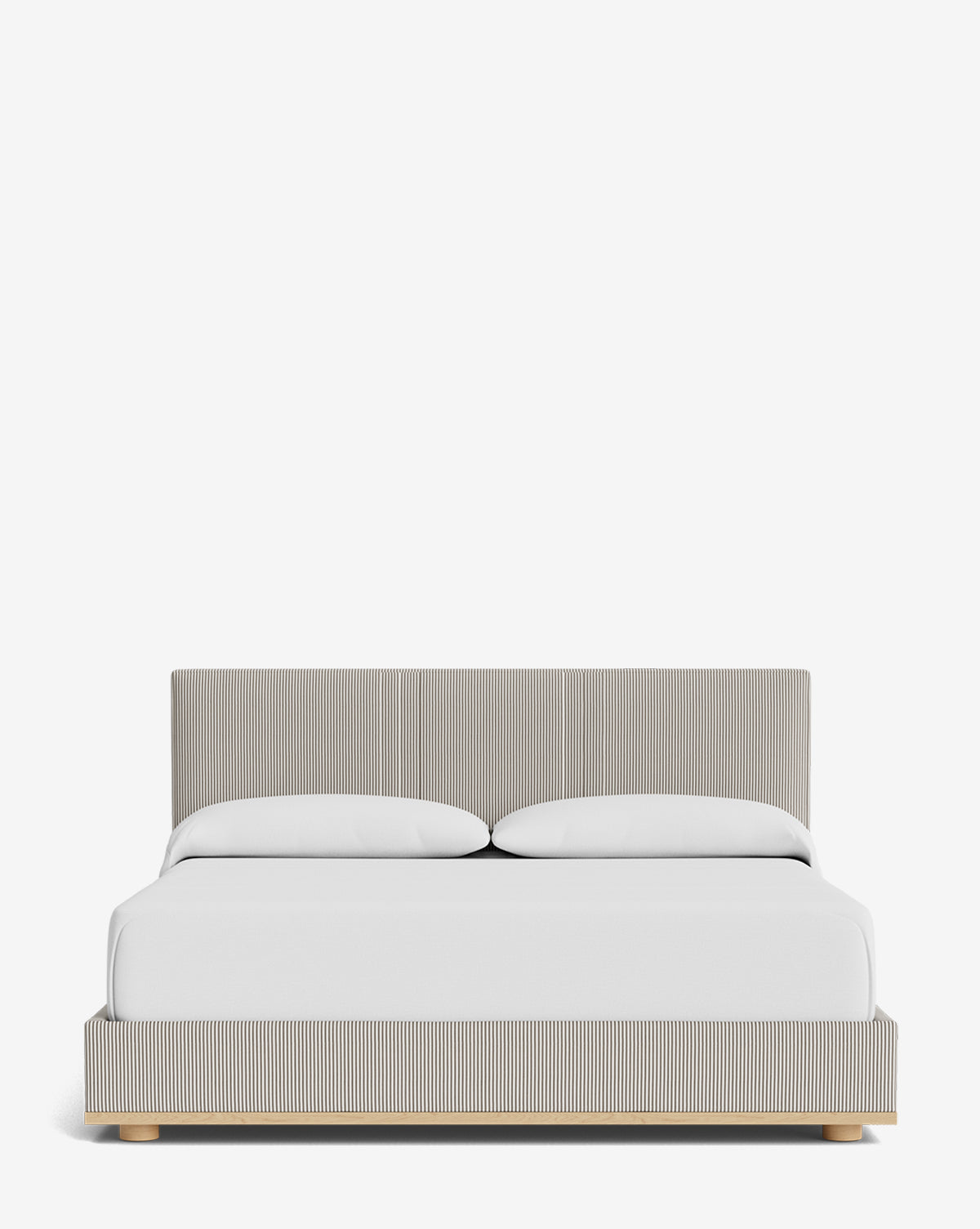 The Taylor Pleated Bed features a modern beige upholstered frame with a textured, vertically striped headboard and base. Styled with white bedding and two pillows, its elegant pleated design stands out against a plain white background, by Vendixs