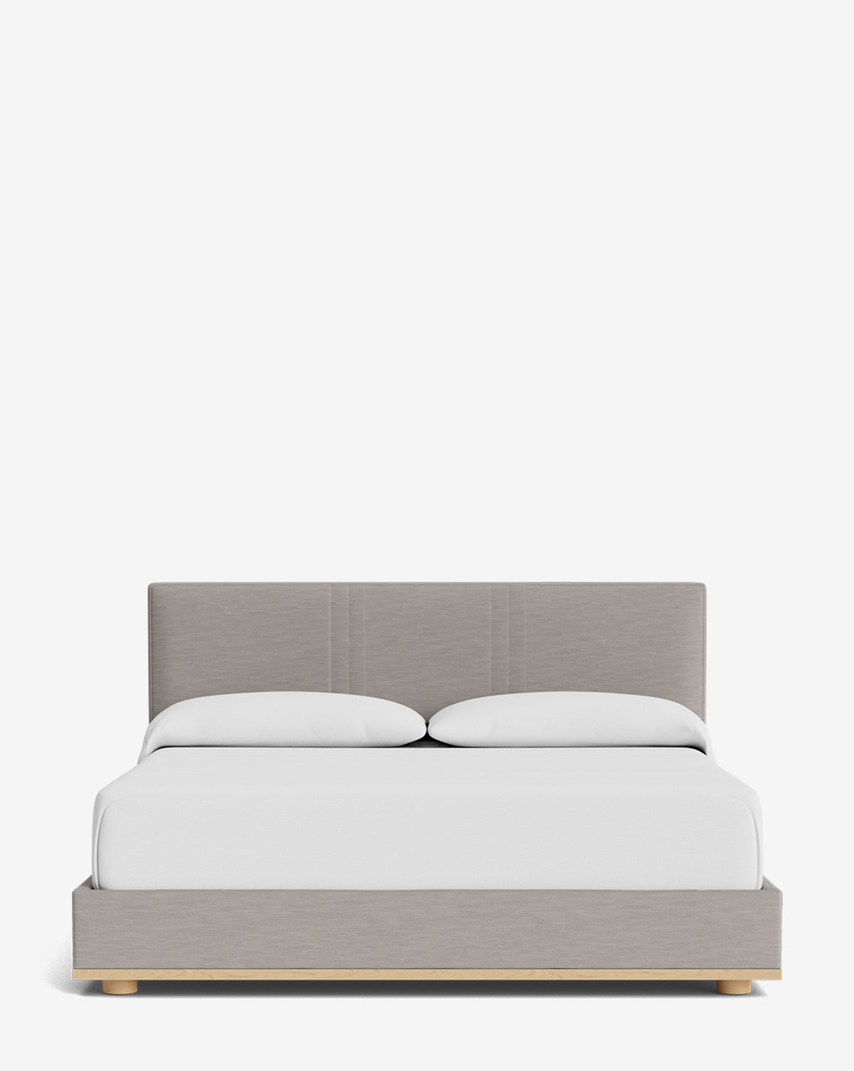 The Taylor Pleated Bed features a modern, minimalist design with a light gray upholstered headboard and frame in designer fabric, complemented by white bedding and two white pillows, all set against a plain white background, by McGee & Co.