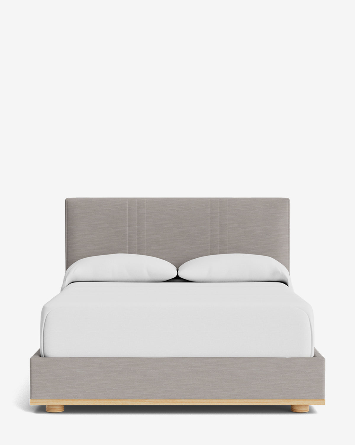 The Taylor Pleated Bed features a modern gray pleated design with a rectangular headboard, white bedding, two pillows, and a light wooden base, displayed against a plain white background by Vendixs