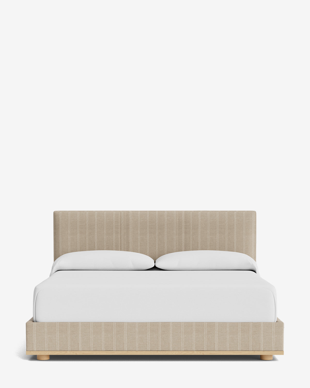 The Taylor Pleated Bed features beige designer upholstery with vertical white pinstripes, a rectangular headboard, white bedding, and two pillows, shown from the front against a plain white background by Vendixs