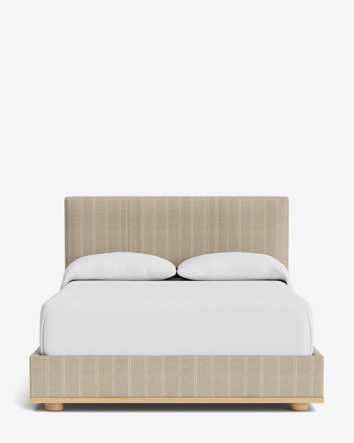 The Taylor Pleated Bed features a beige designer fabric headboard and frame with subtle vertical stripes, two white pillows, and a neatly made white blanket, all set against a plain white background by Vendixs