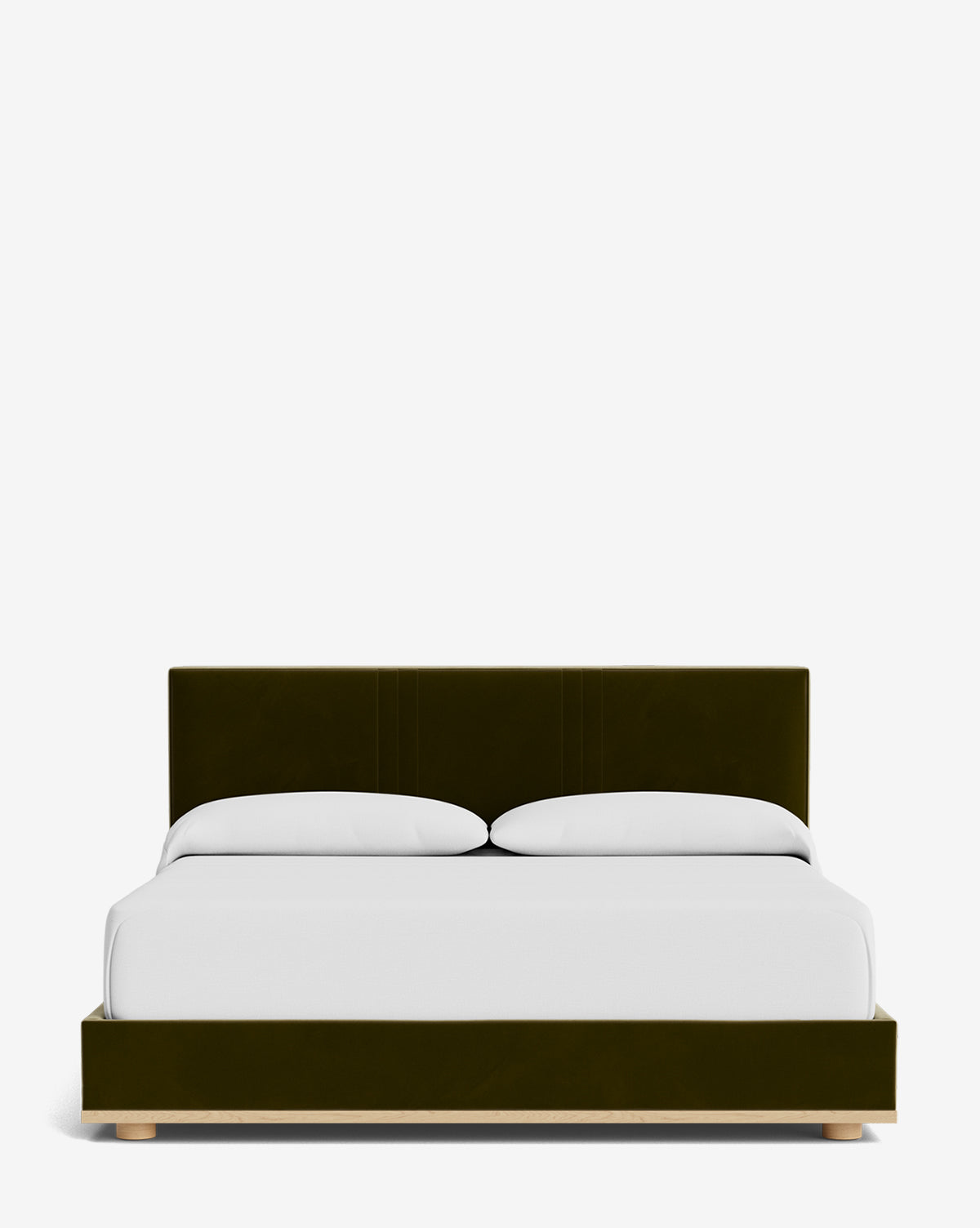 The Taylor Pleated Bed features a modern dark green designer fabric upholstered headboard and base, light wooden legs, and white bedding with two pillows, displayed against a plain white background by Vendixs