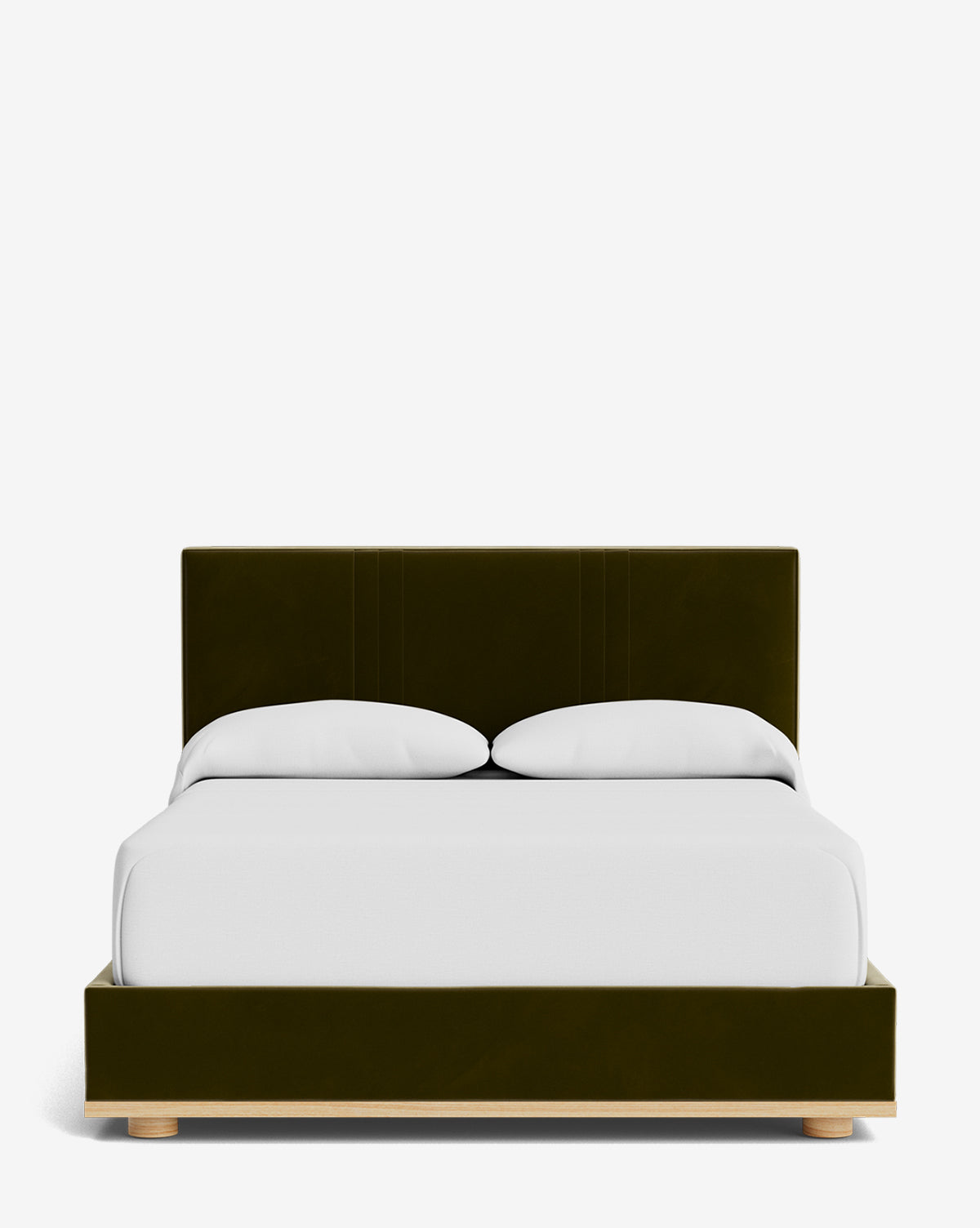 The Taylor Pleated Bed features a dark green designer fabric headboard and frame, light wooden legs, and white bedding with two pillows, all presented against a plain white background, by McGee & Co.