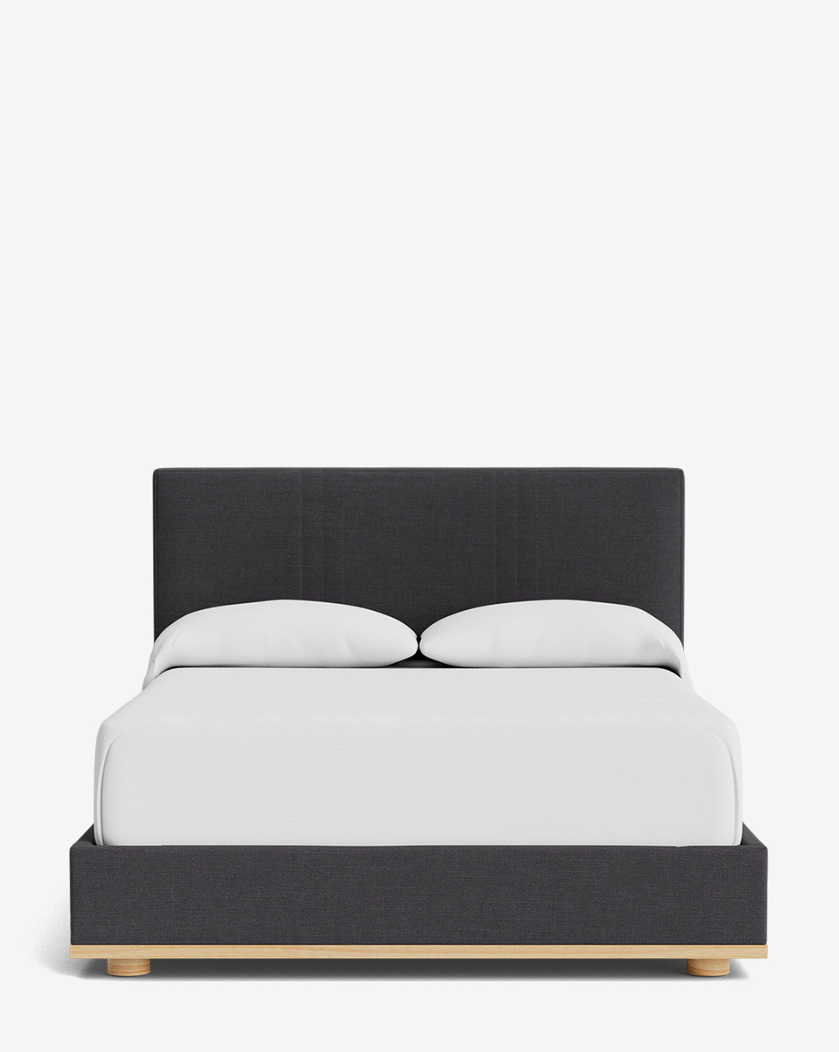 The Taylor Pleated Bed features a modern design with a dark gray pleated fabric headboard and base, light wood legs, and white bedding with two pillows, displayed against a plain white background, by Vendixs