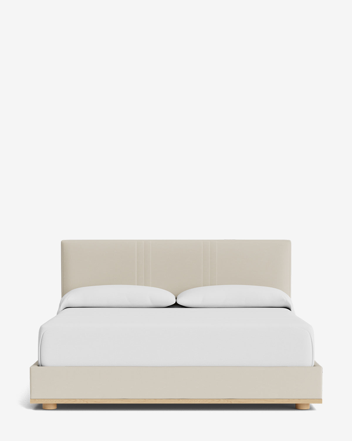 The Taylor Pleated Bed features a modern, minimalist beige upholstery with a rectangular, pleated fabric headboard and white bedding, displayed against a plain white background, by Vendixs