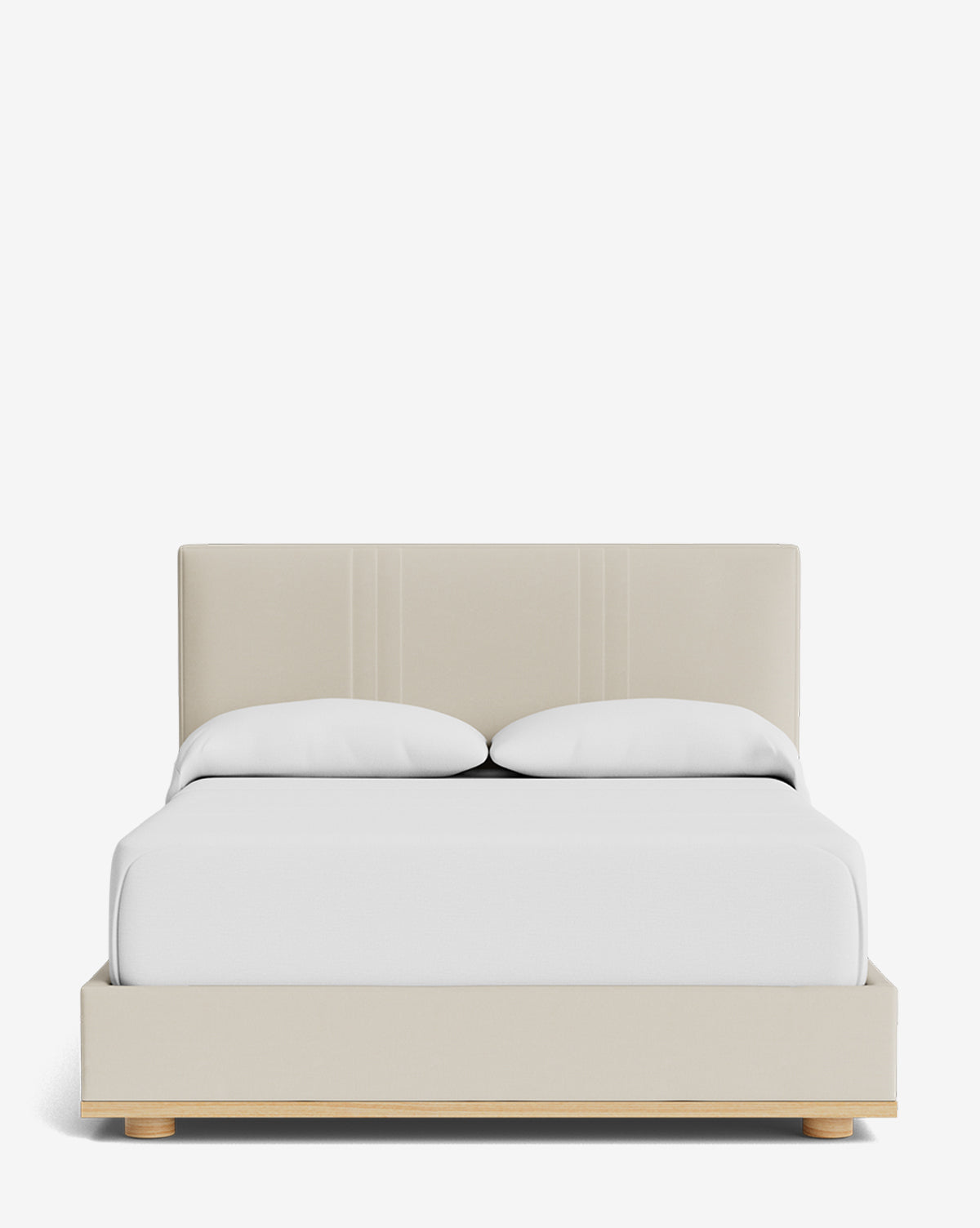 The Taylor Pleated Bed features a beige pleated design with a simple headboard, two white pillows, and a white comforter on a light wooden base, all set against a plain white background, by Vendixs