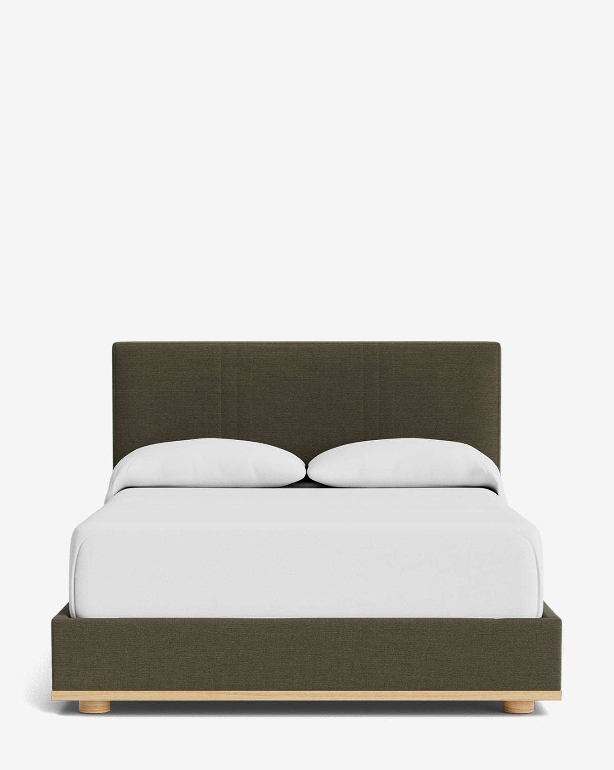 The Taylor Pleated Bed features a dark olive green upholstered frame and headboard with modern pleating, white pillows and bedding, and sits on a light wooden platform base against a plain white background, by Vendixs