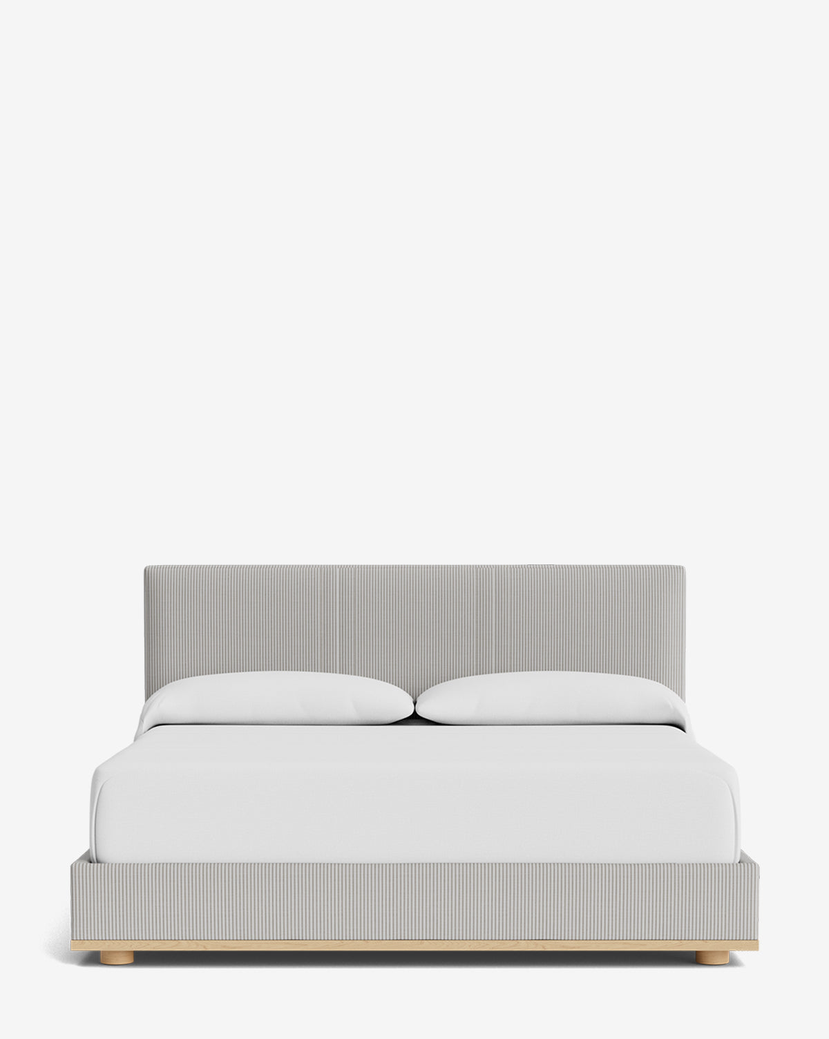 The Taylor Pleated Bed features a light gray, vertically striped upholstered headboard and frame in designer fabric, white bedding with two white pillows, and light wooden legs, all set against a plain white background by McGee & Co.