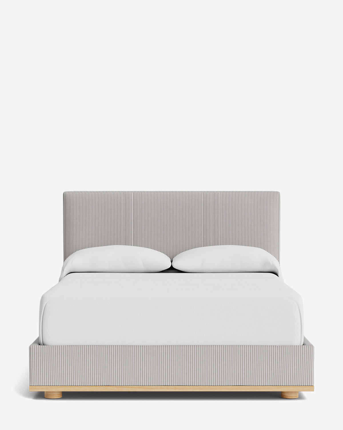 The Taylor Pleated Bed features a modern light gray, vertically striped upholstered headboard and base, styled with crisp white bedding and two pillows, displayed against a plain white background, by McGee & Co.