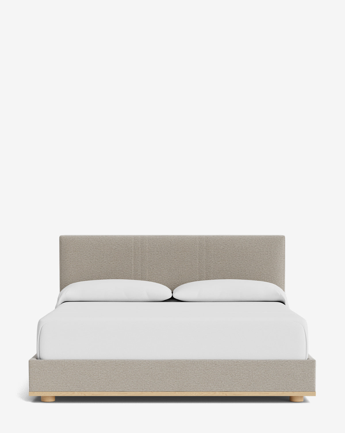 The Taylor Pleated Bed features a modern light gray designer fabric headboard and frame, paired with two white pillows and a crisp white bedspread, all presented against a plain white background, by Vendixs