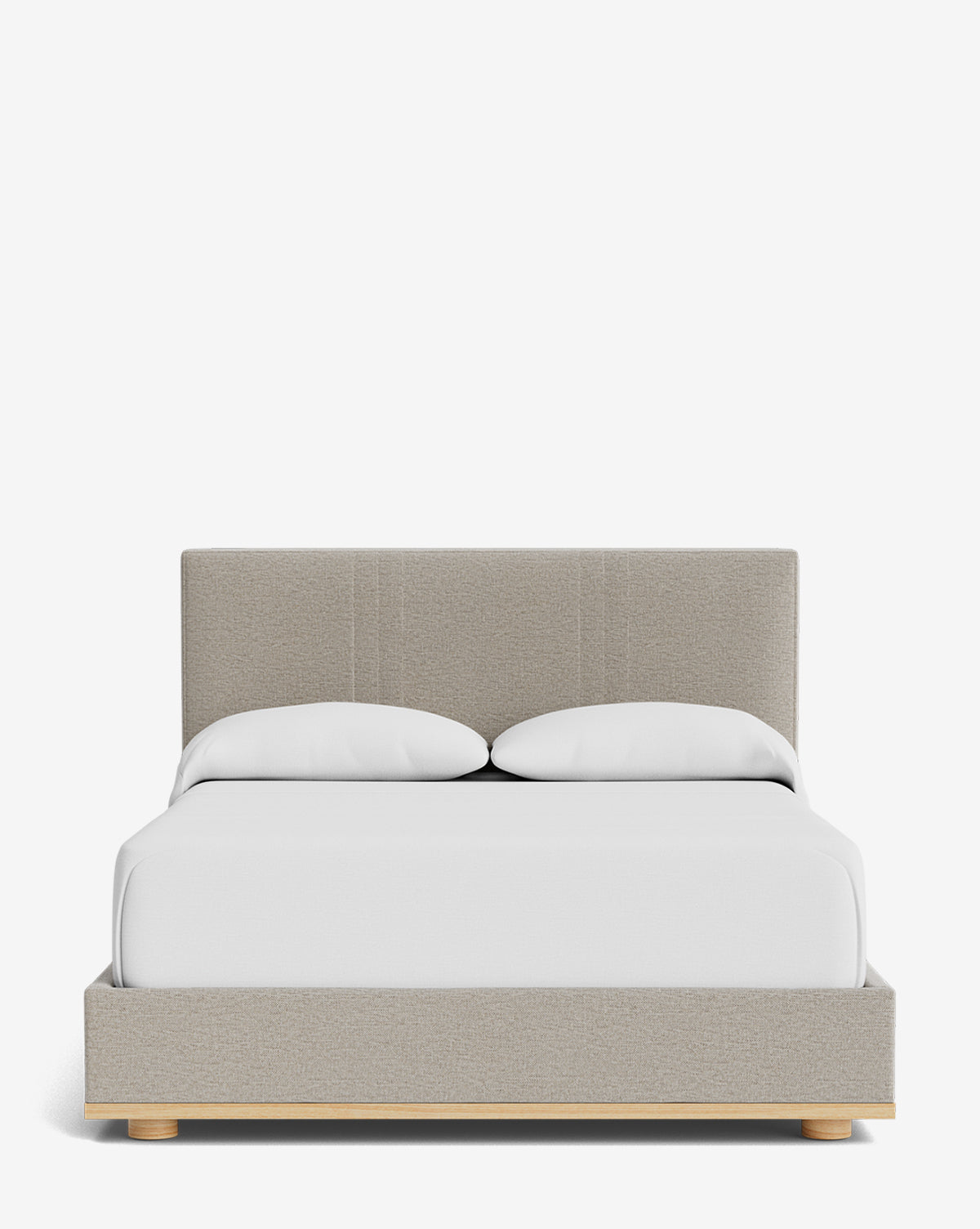 The Taylor Pleated Bed features a modern, light gray upholstered headboard and frame in designer fabric, complemented by white bedding and two pillows. Shown from the front against a plain white background, by McGee & Co.