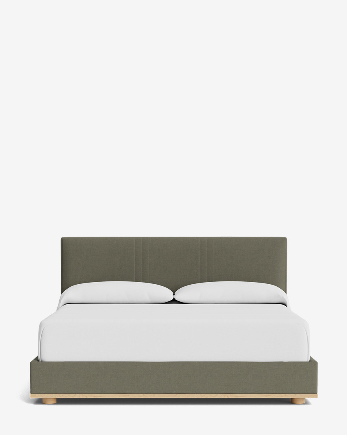 The Taylor Pleated Bed features a modern pleated design with a dark green upholstered headboard and base in designer fabric, complemented by white bedding and two pillows, all set against a plain white background, by McGee & Co.