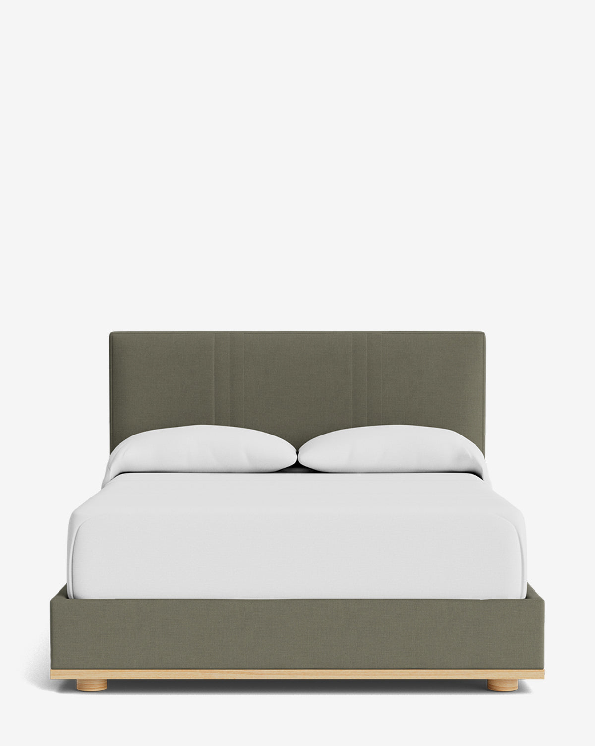 The Taylor Pleated Bed features a modern gray designer fabric headboard and base, wooden legs, and white bedding with two pillows, all displayed against a plain white background by Vendixs