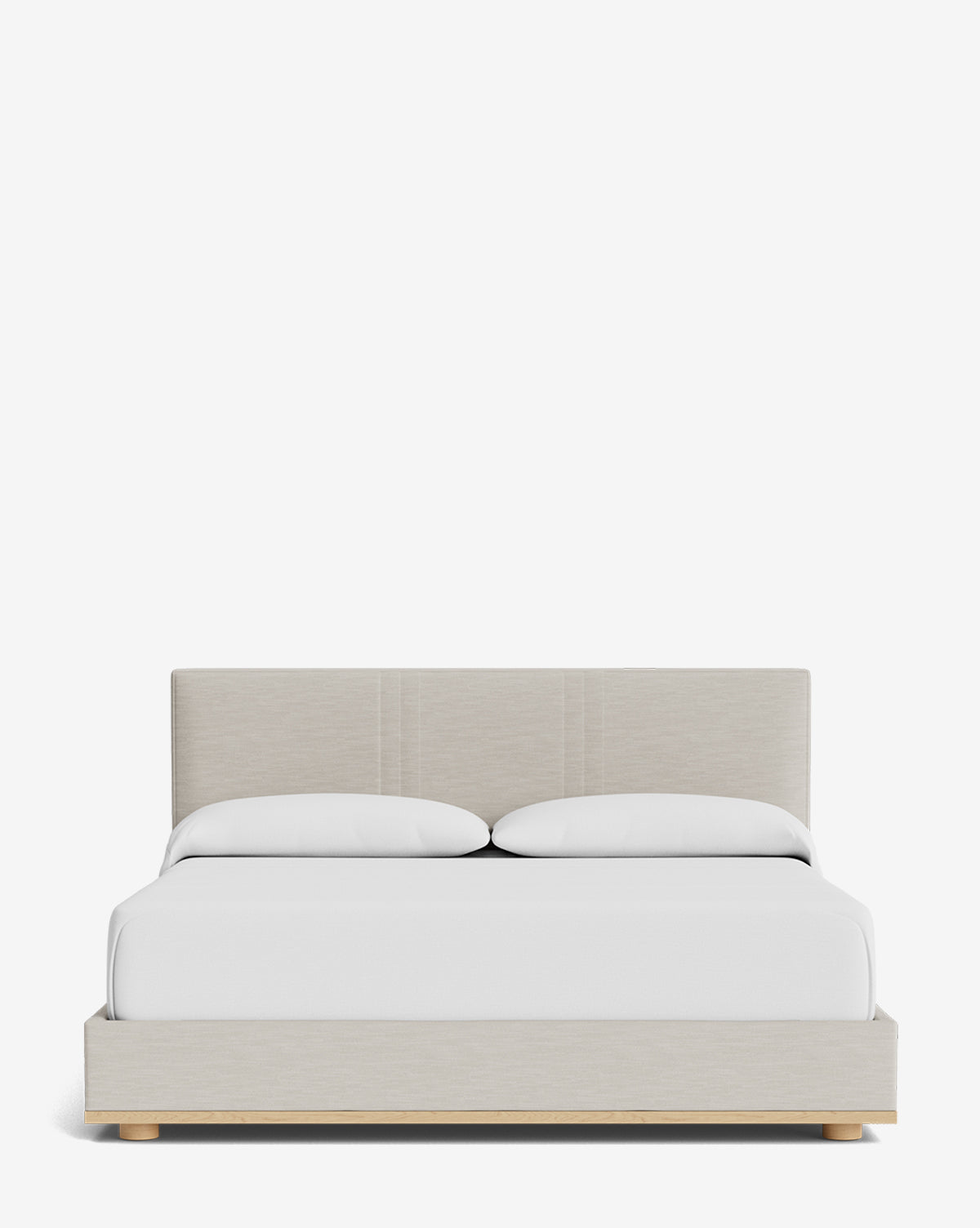 The Taylor Pleated Bed features a modern design with a light beige upholstered headboard and base, white bedding, and two pillows, all set against a plain white background, by McGee & Co.