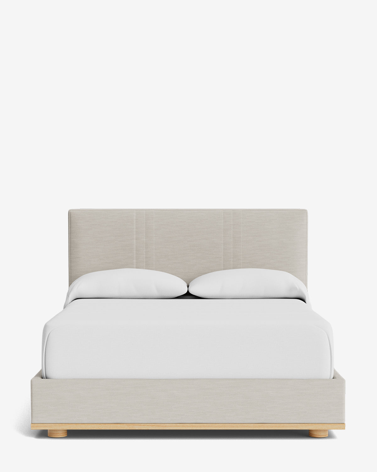 The Taylor Pleated Bed features a minimalist beige upholstered design with a rectangular headboard in designer fabric, white bedding, and two pillows, all set against a plain white background, by Vendixs