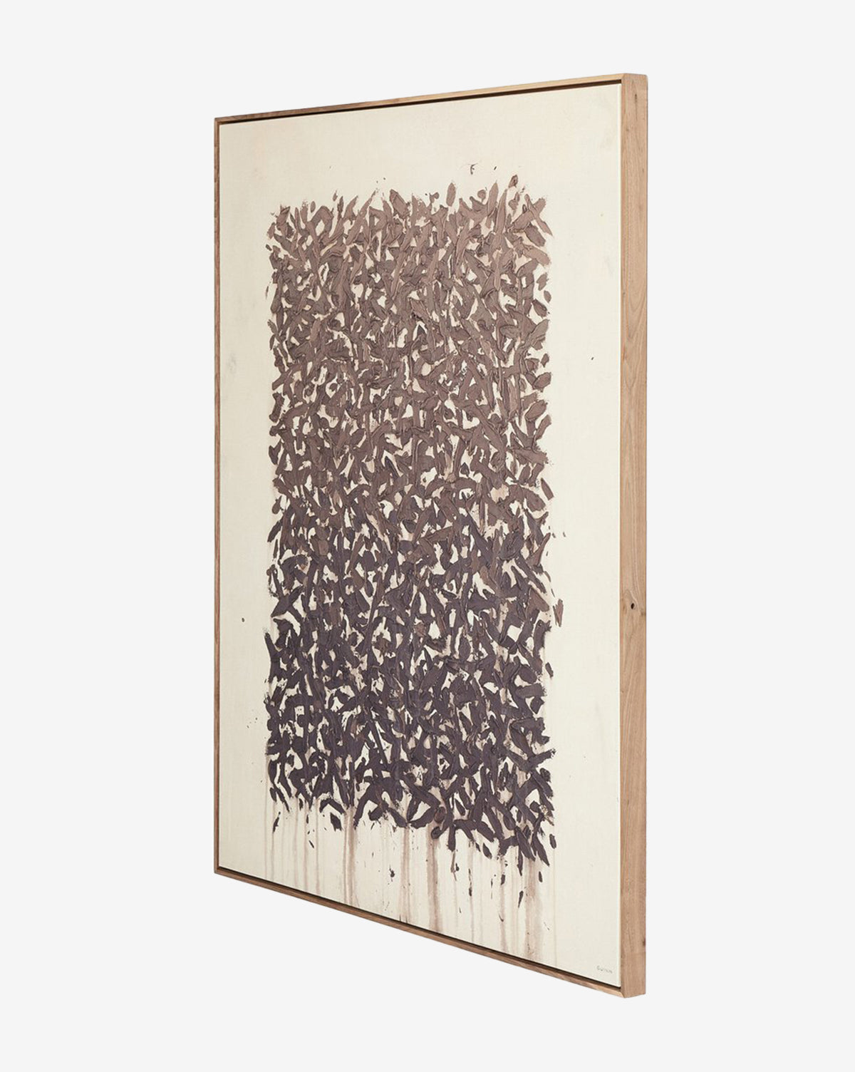 Tender Provisions by Tyler Guinn is an abstract wall art featuring a dense cluster of dark, leaf-like shapes on a light background, some dripping downward. Presented at an angle in a rustic walnut frame with a matte canvas finish, by Vendixs