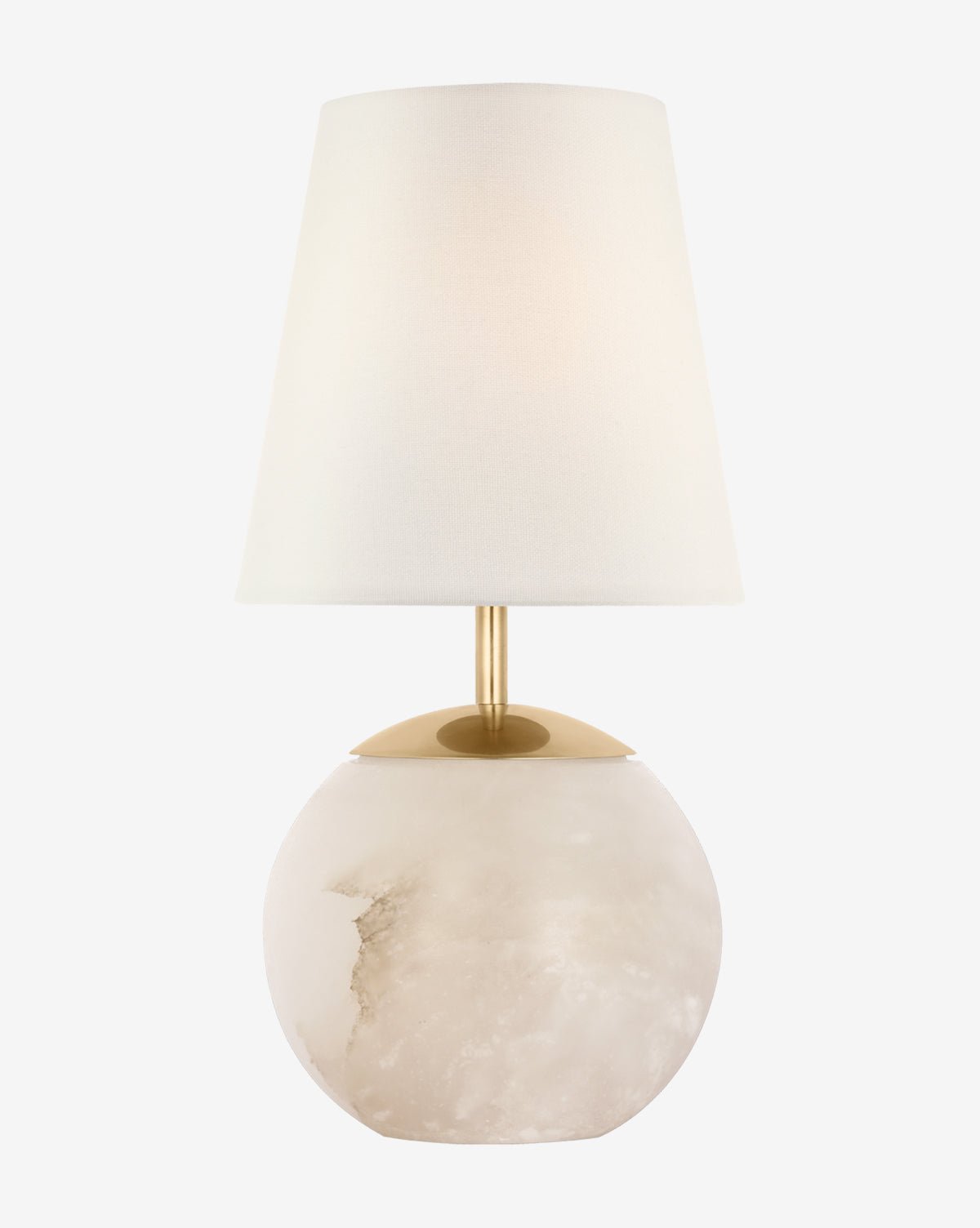 The Terri 12 Cordless Accent Lamp by Visual Comfort & Co. Signature features a round white marble base, gold top accent, and a simple white fabric shade. Its minimalist design brings elegant style to any space—a timeless piece available at Vendixs
