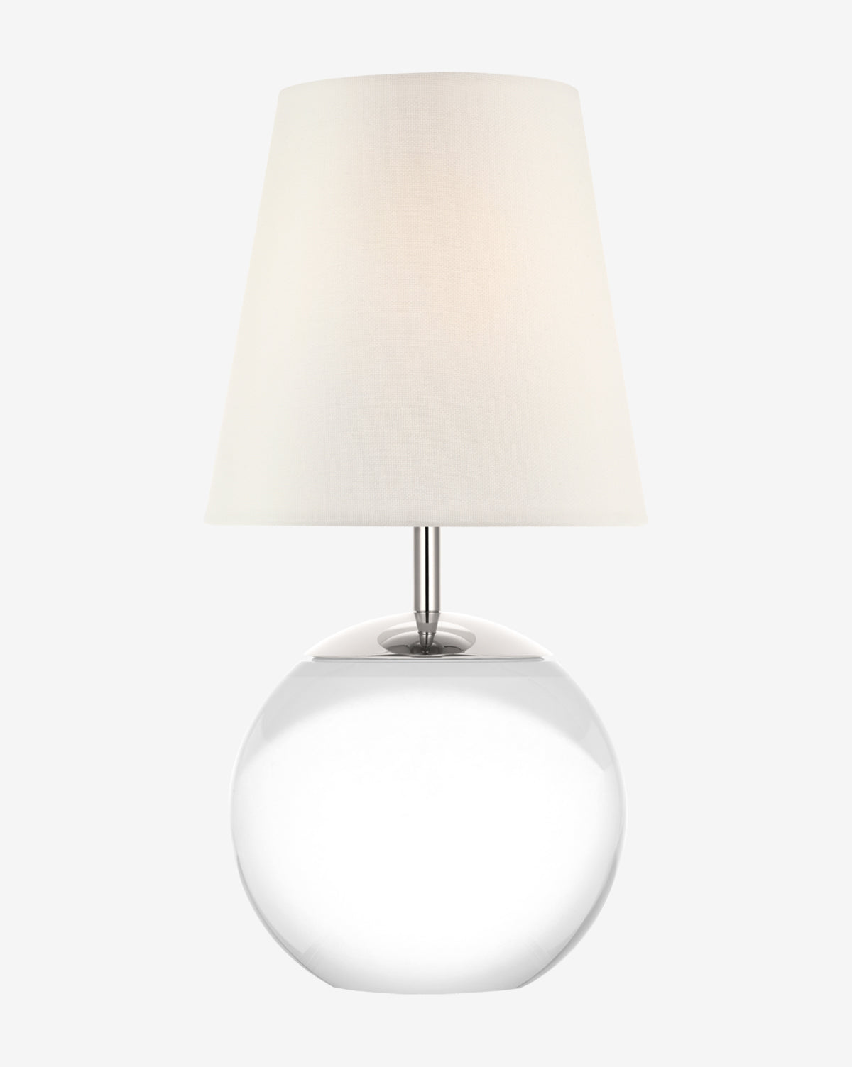 The Terri 12 Cordless Accent Lamp features a round clear glass base with a simple off-white fabric shade, shown against a plain light background, by Vendixs