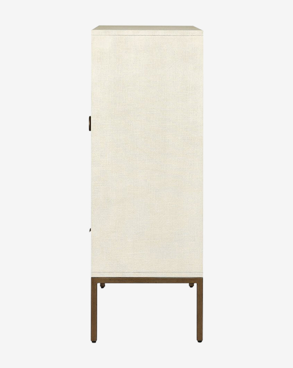 The Thaddeus Cabinet is a tall, rectangular storage piece with a textured off-white front door, slim left-side vertical handle, and four wooden legs—ideal for added storage with modern classic style, by Vendixs