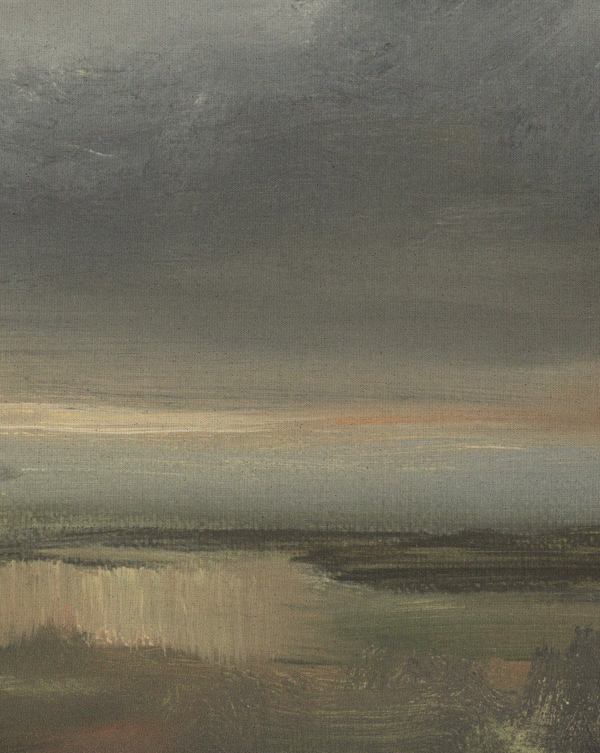 “The Long Way Home” by Bethany Joseph is a handmade landscape painting from Austin, depicting a cloudy gray sky, an orange horizon, and abstract green and brown land that creates a calm, somber mood, by Vendixs