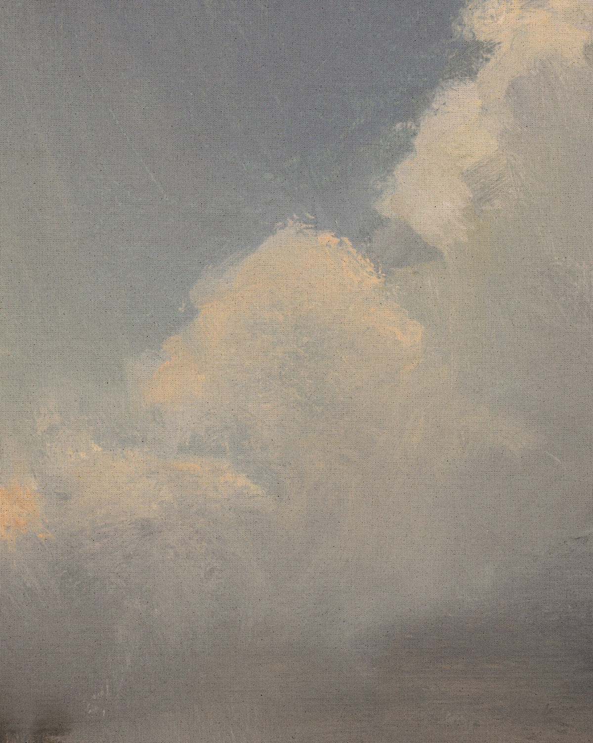 The Long Way Home by Bethany Joseph features a soft pastel sky with large, fluffy clouds in gentle whites, creams, and grays. Visible brushstrokes add dreamy texture to this serene handmade artwork from Austin, by Vendixs