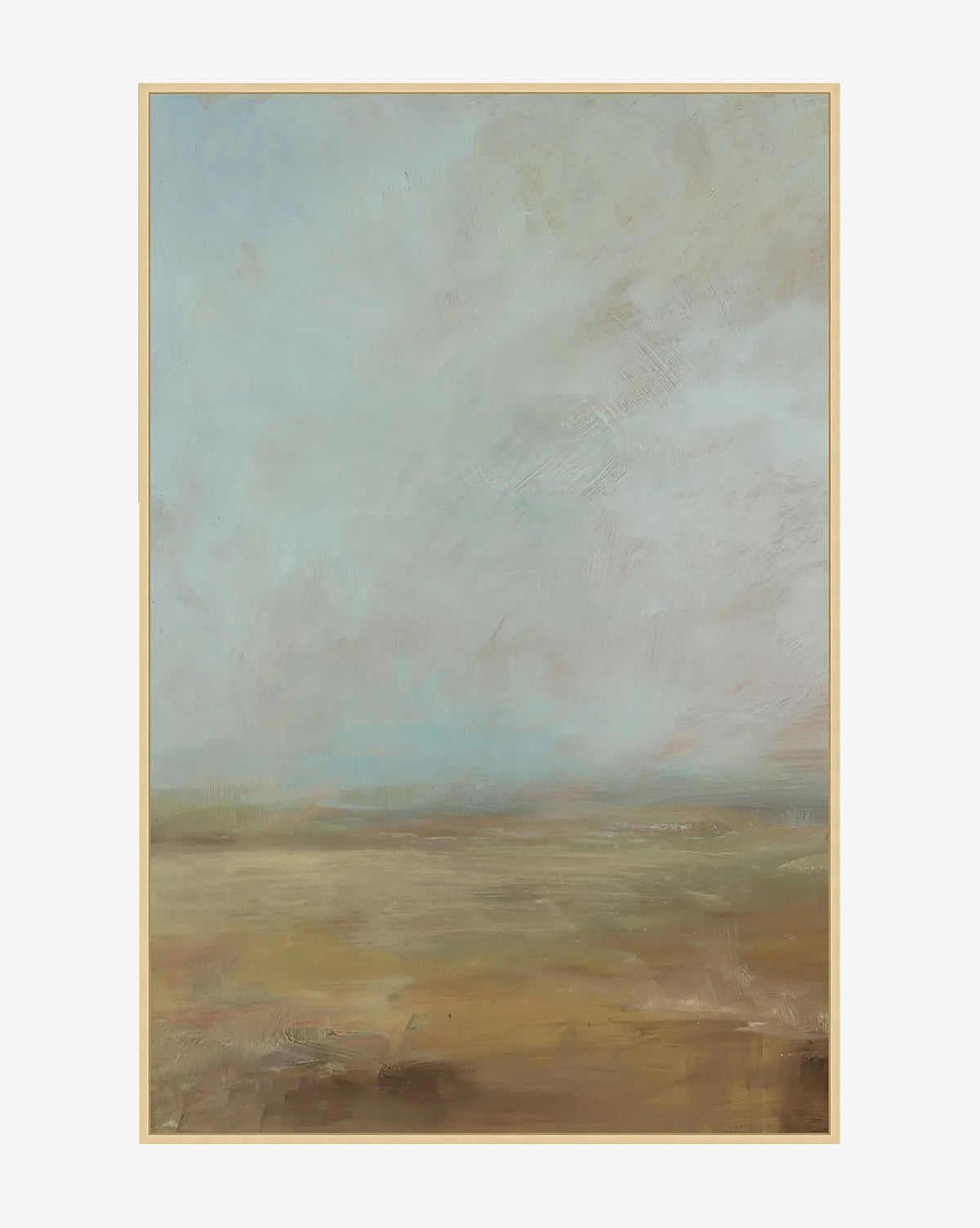 The Meadow View I by Patricia Perron is a minimalist abstract landscape art piece featuring soft blue, beige, and brown tones. This serene giclee on canvas depicts an open field beneath a vast, cloudy sky with elegant brushwork by Vendixs